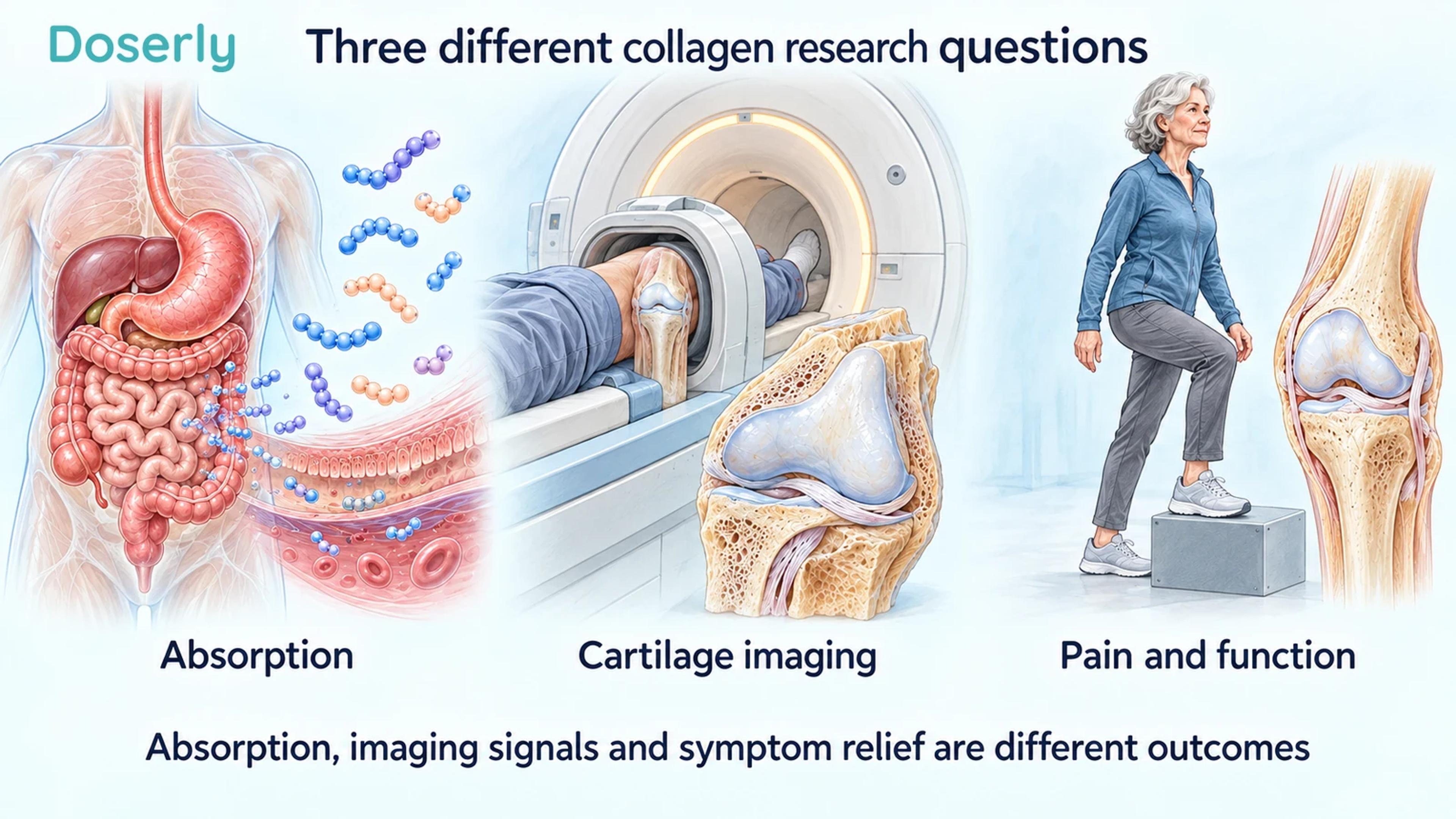 Digestion, cartilage imaging and a step-up task illustrate three different questions in collagen research.