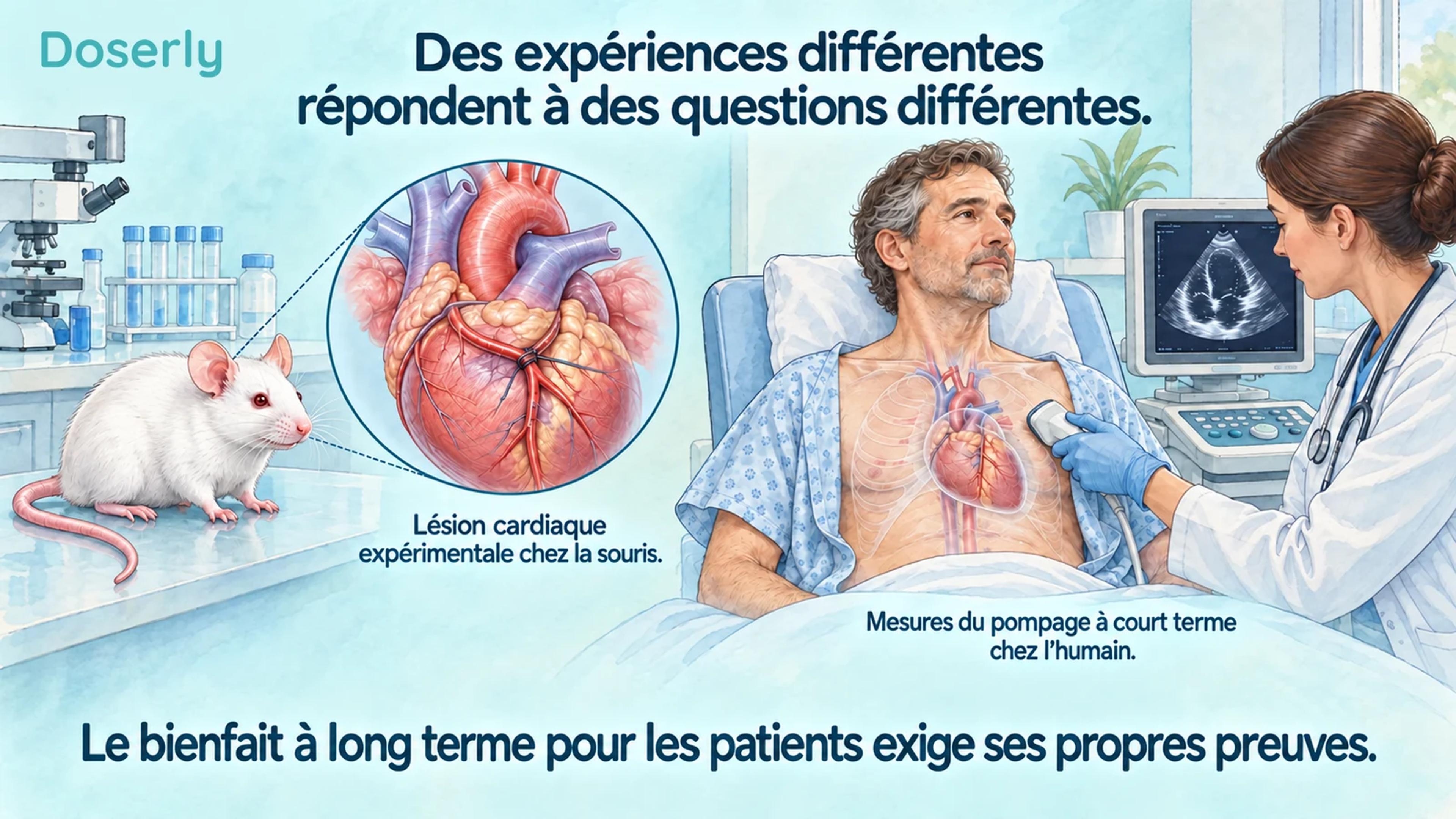 Illustration d’une recherche sur les lésions cardiaques chez la souris à côté d’une évaluation cardiologique humaine, les deux contextes étant clairement séparés