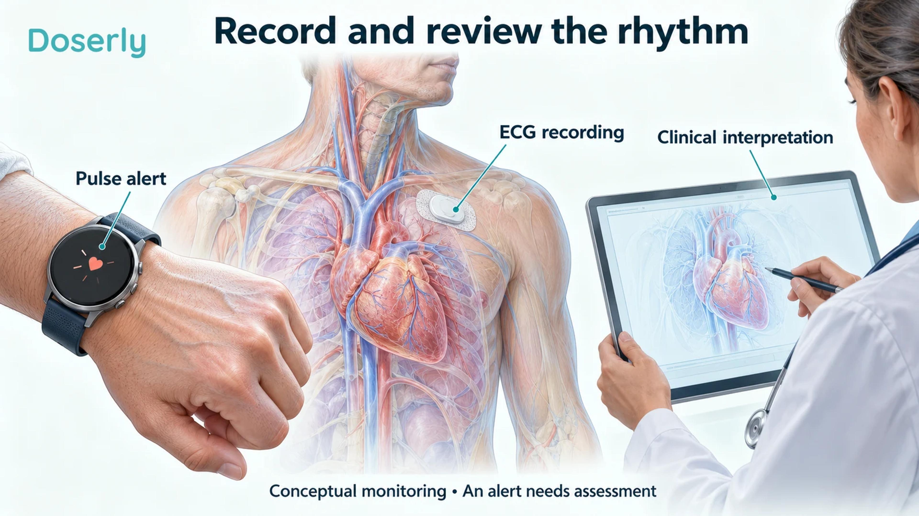 A wearable watch, an ambulatory ECG patch and a clinician beside a monitor illustrate rhythm assessment.