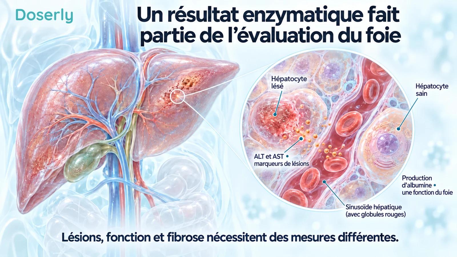 Un foie translucide avec un agrandissement des hépatocytes et des vaisseaux sanguins distingue les marqueurs de lésions ALT et AST de la production d’albumine, une fonction du foie.