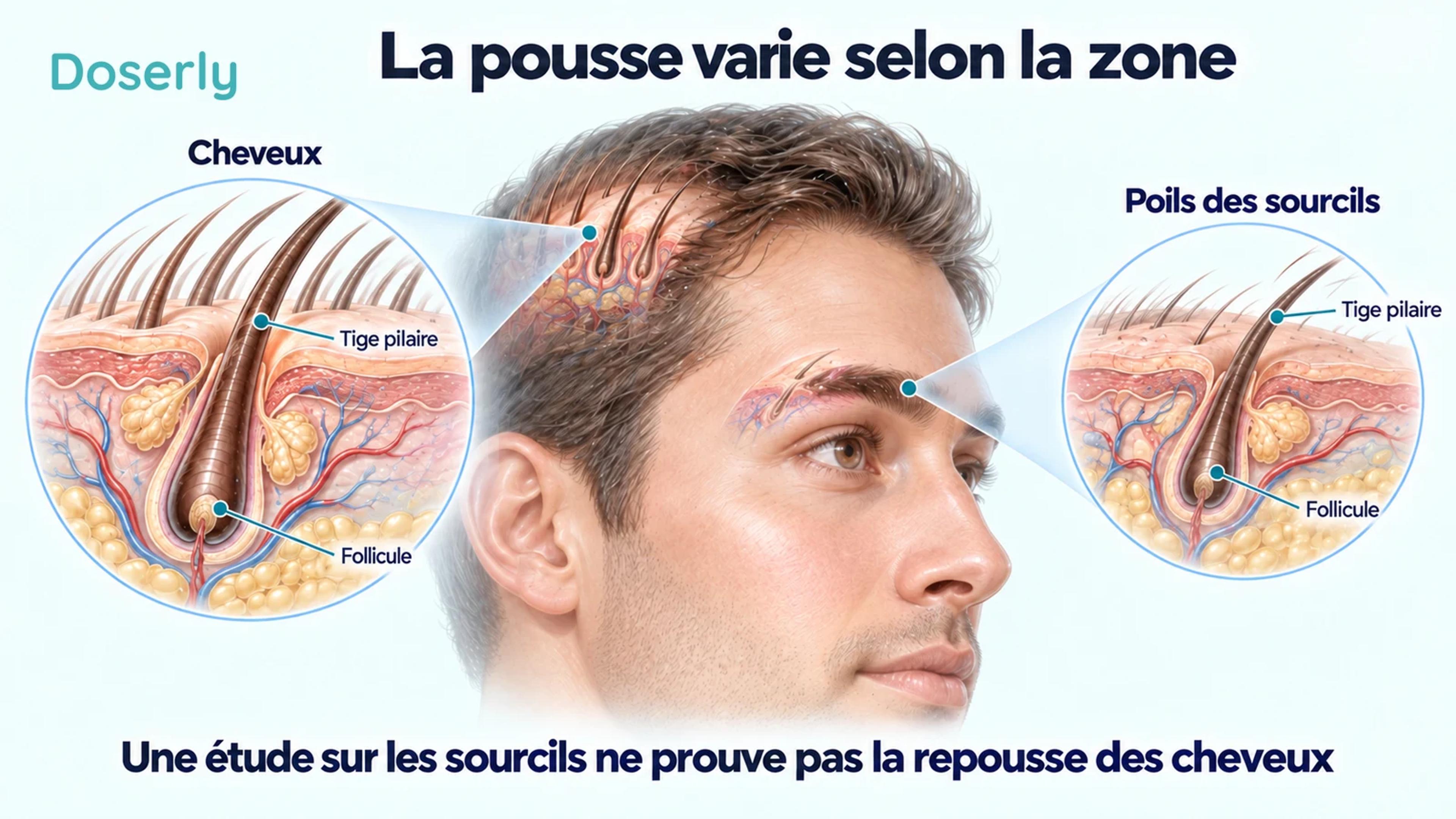 Tête avec des vues agrandies distinctes de follicules du cuir chevelu et des sourcils, montrant les différents sites étudiés dans la recherche sur la pousse.