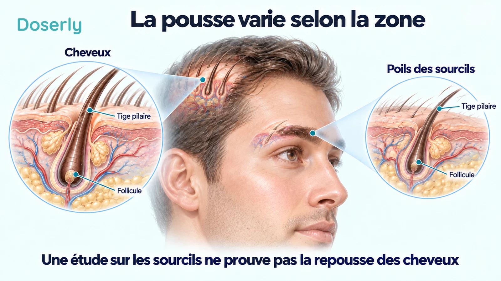 Tête avec des vues agrandies distinctes de follicules du cuir chevelu et des sourcils, montrant les différents sites étudiés dans la recherche sur la pousse.
