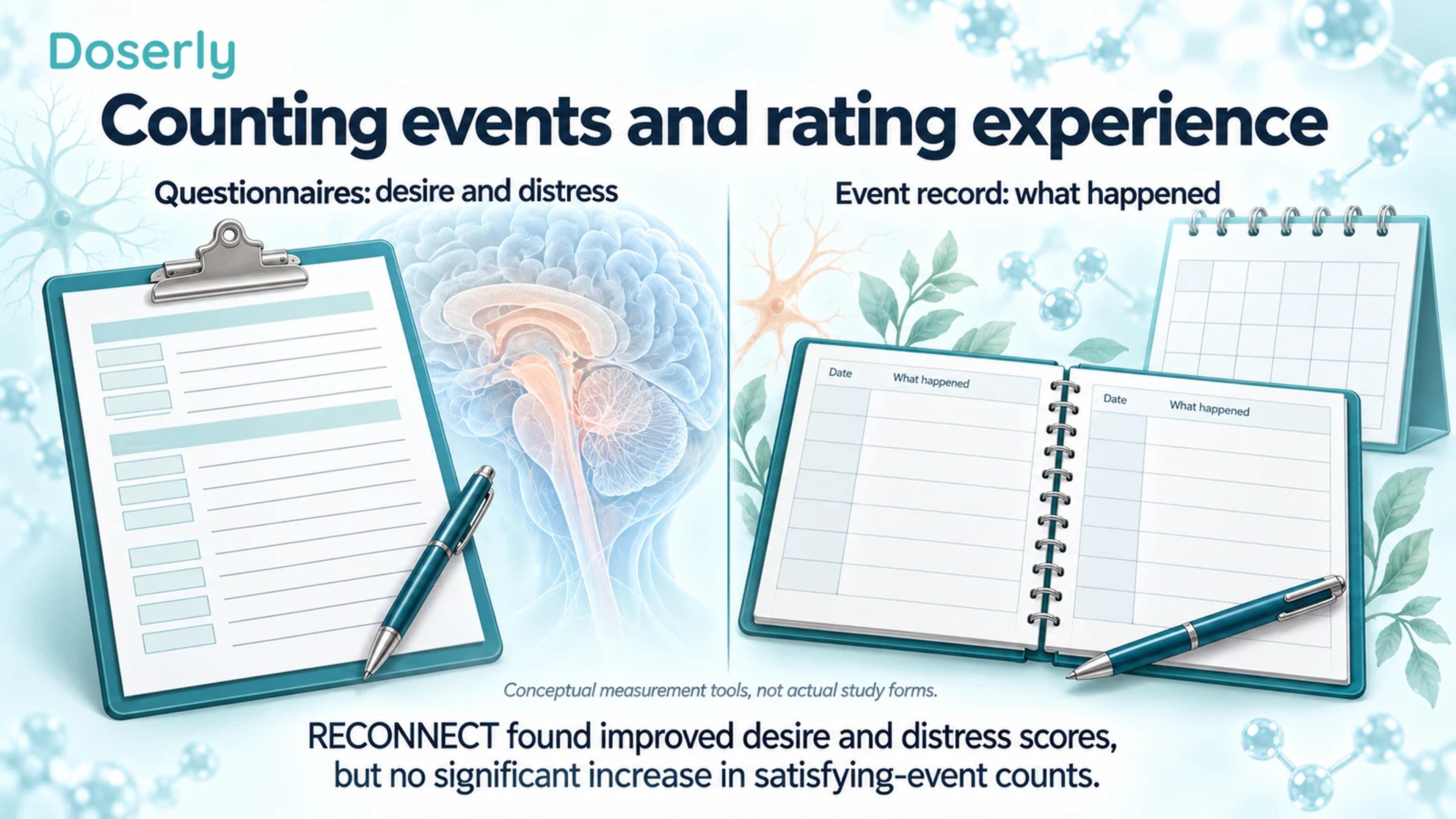 Illustrated questionnaire clipboard and event diary beside neutral brain anatomy distinguish ratings from event records.