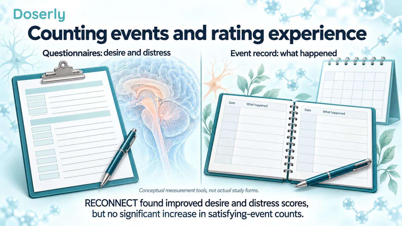 Illustrated questionnaire clipboard and event diary beside neutral brain anatomy distinguish ratings from event records.