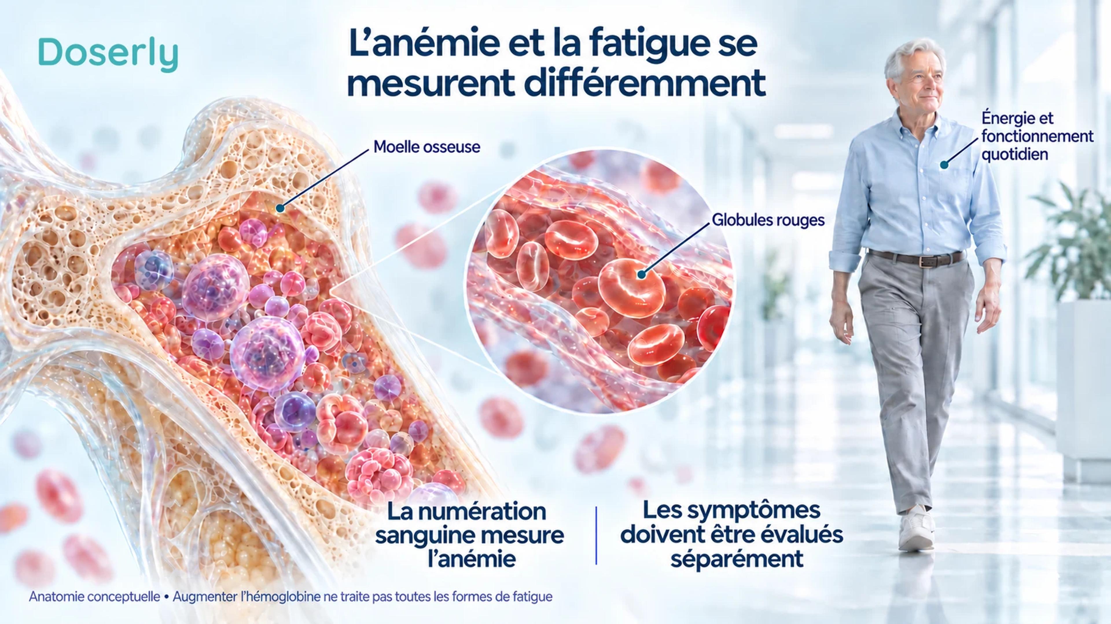 Moelle osseuse et globules rouges à côté d’un homme âgé qui marche, pour distinguer un résultat de numération sanguine de l’énergie et du fonctionnement quotidien.