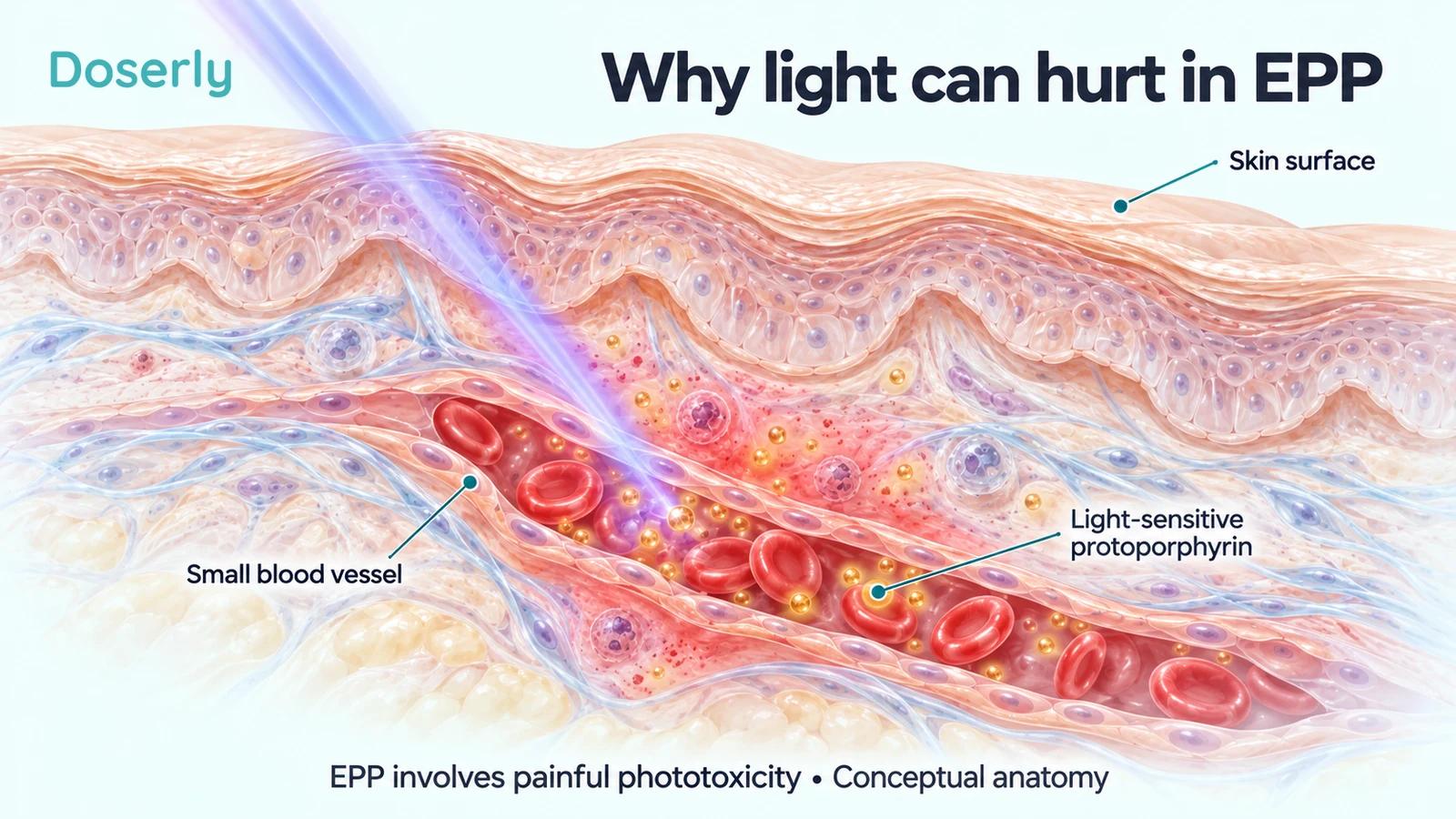 Skin cutaway showing light reaching a superficial blood vessel and light-sensitive protoporphyrin.