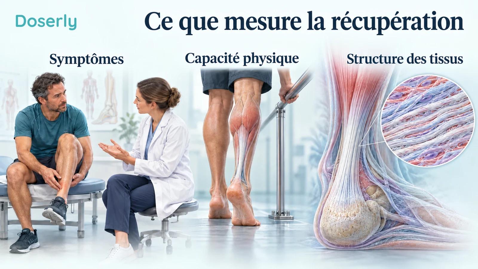 Illustration d’un clinicien mesurant la fonction du mollet, à côté de représentations distinctes du signalement des symptômes et de la structure du tendon.