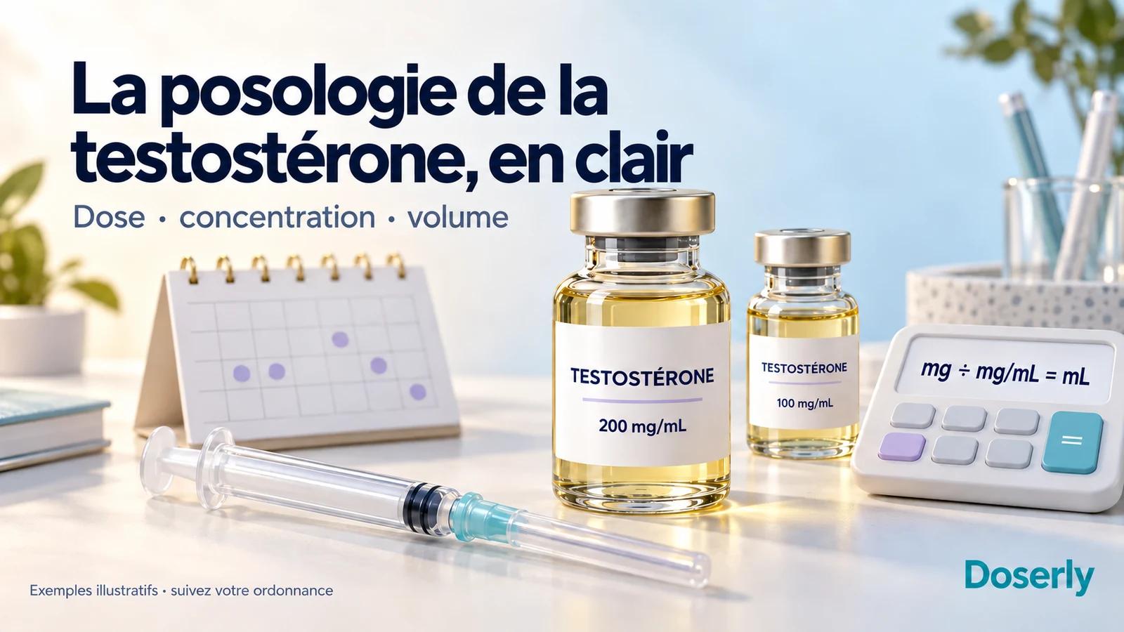 Fioles de testostérone portant les mentions 100 mg/mL et 200 mg/mL à côté d’une seringue munie d’un capuchon, d’un calendrier et d’une équation de conversion de dose en volume.
