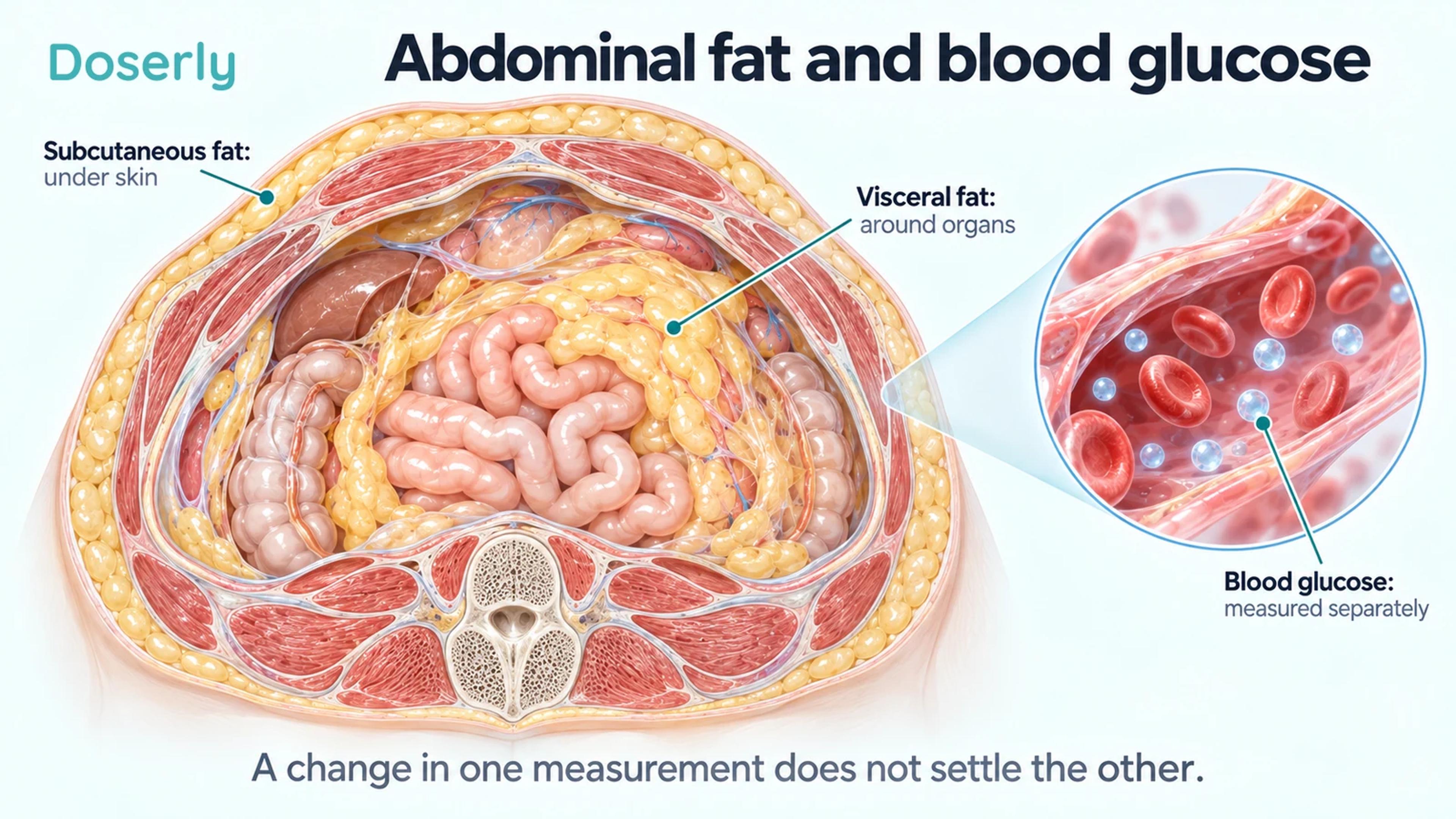 Abdominal cutaway distinguishes visceral fat around organs from subcutaneous fat beneath the skin, with a separate blood glucose inset.