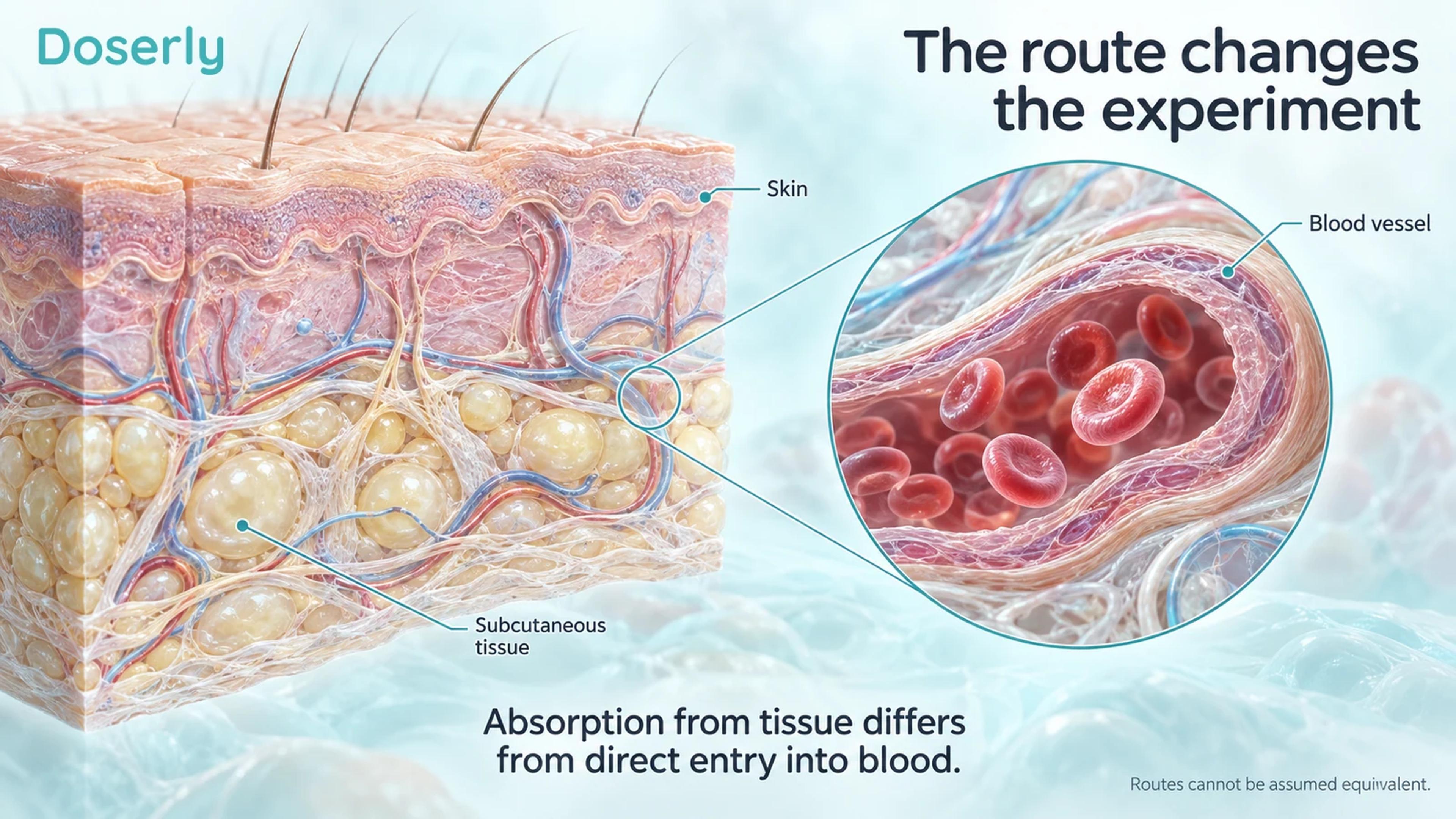 Skin, subcutaneous tissue and a magnified blood vessel distinguish absorption from direct entry into circulation.