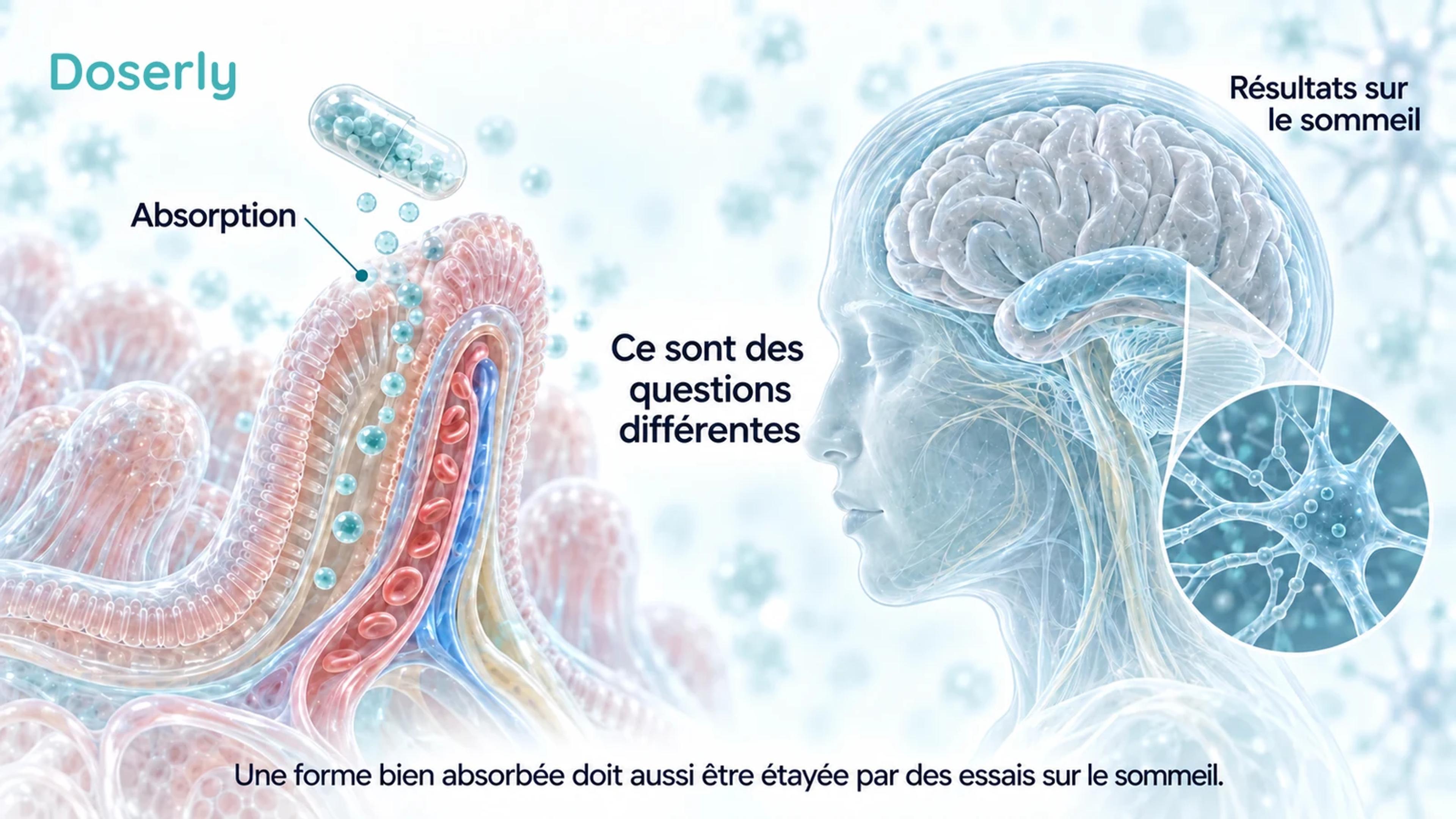 Une villosité intestinale et une tête translucide illustrent que l’absorption du magnésium et les résultats sur le sommeil sont des questions de recherche différentes.