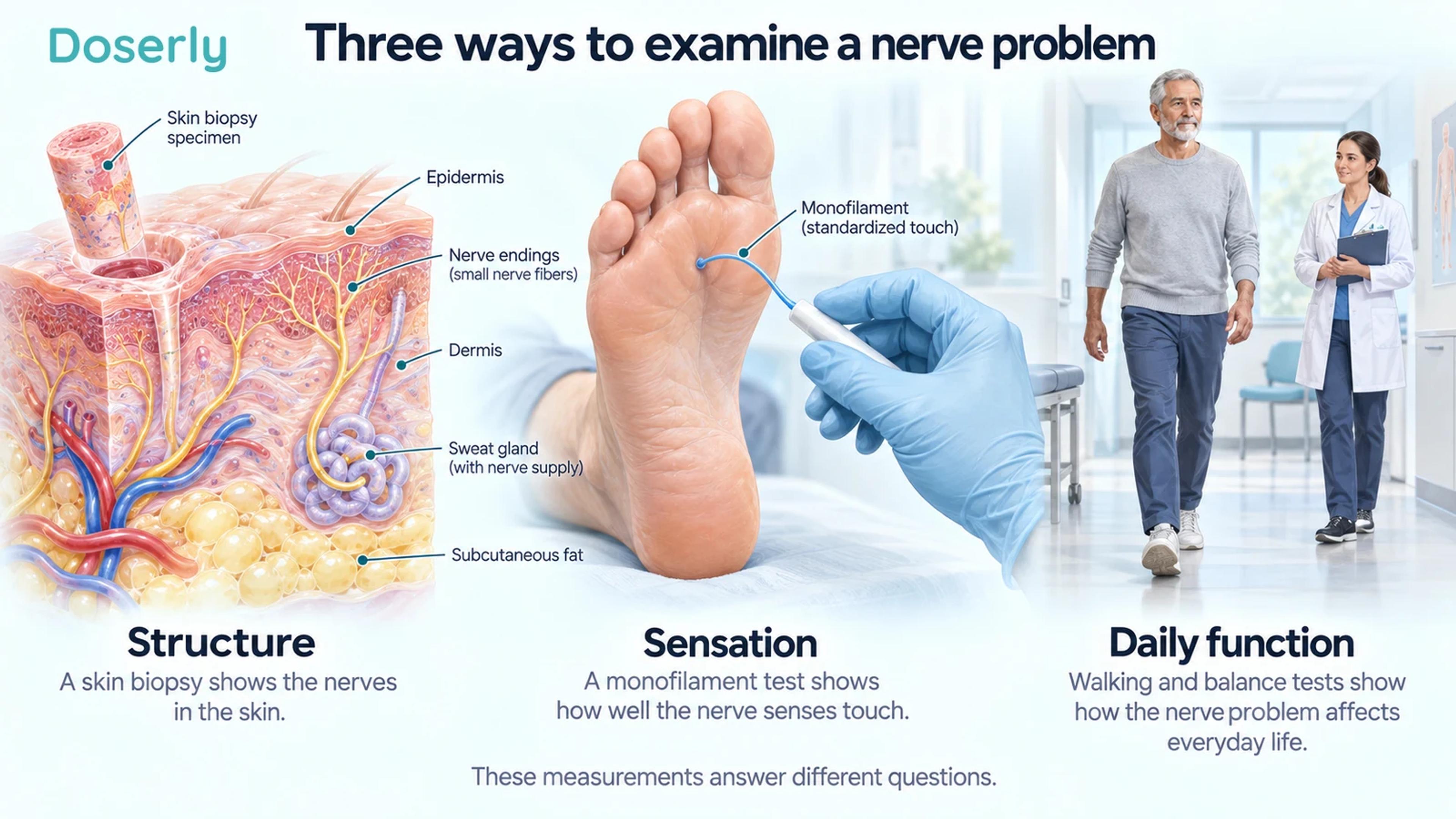 Skin tissue with nerve endings, a monofilament foot examination and an adult walking in a clinic.