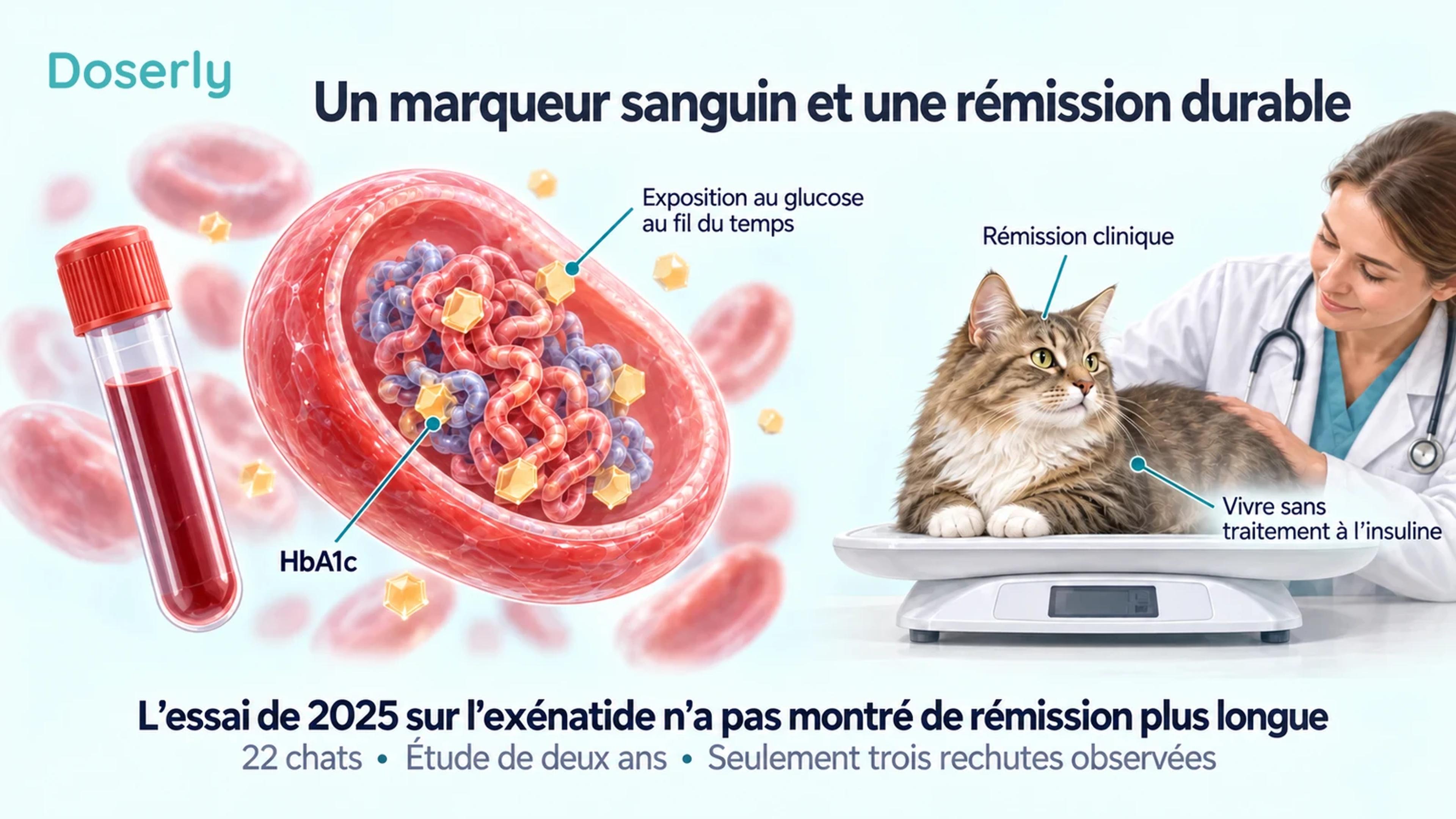Une illustration détaillée d’un globule rouge et de l’hémoglobine à côté d’un chat qu’on pèse distingue la mesure de l’HbA1c de la rémission clinique.