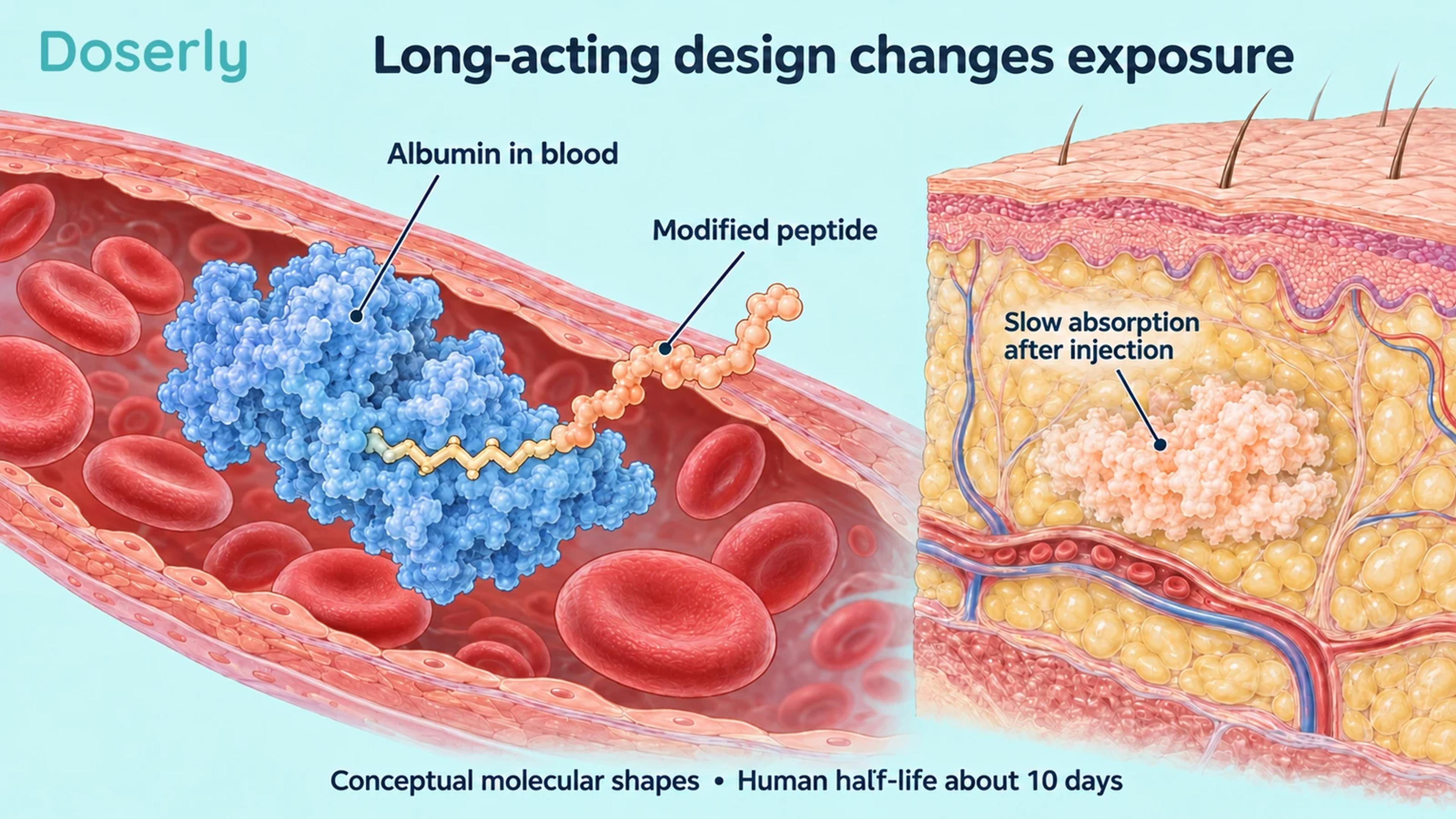 Conceptual albumin-associated peptide in blood beside an illustrated subcutaneous absorption site.