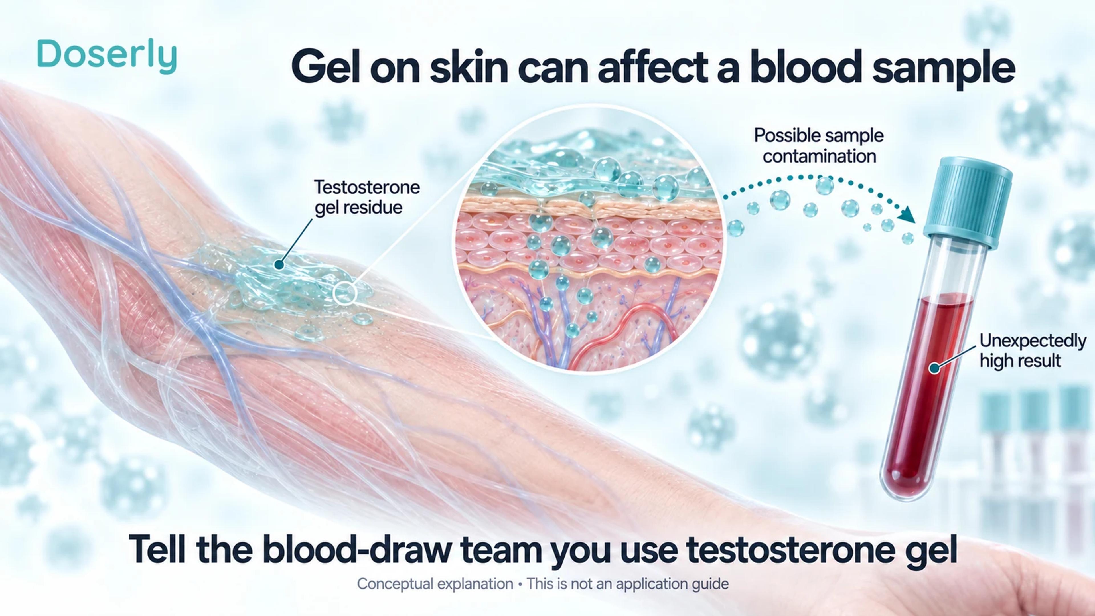 Gel residue on skin near a blood collection area and a sample tube illustrate potential contamination.