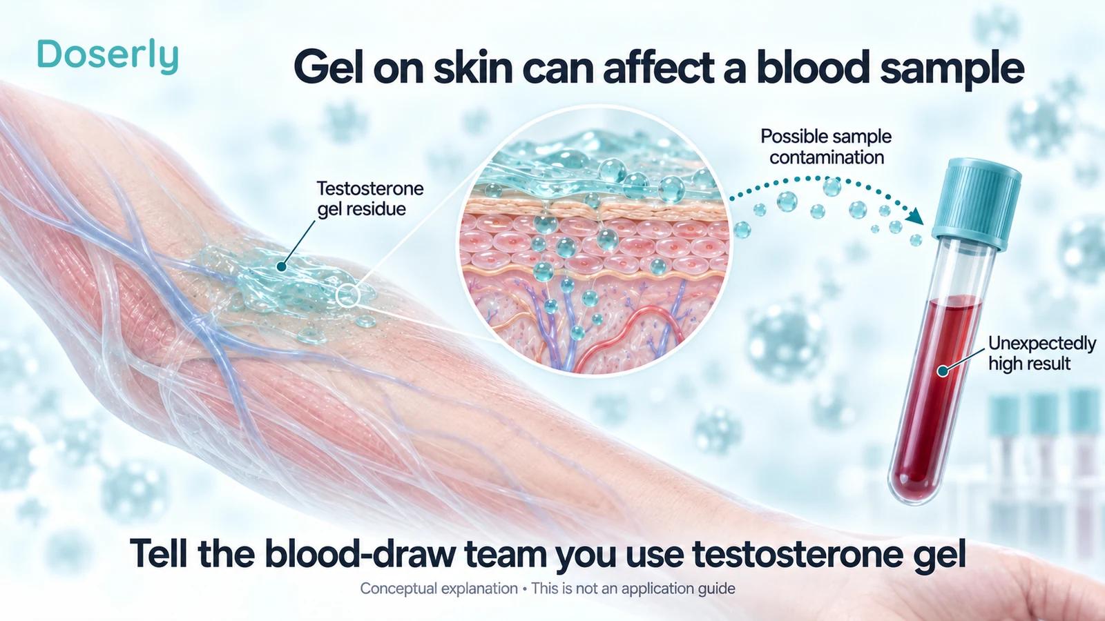 Gel residue on skin near a blood collection area and a sample tube illustrate potential contamination.