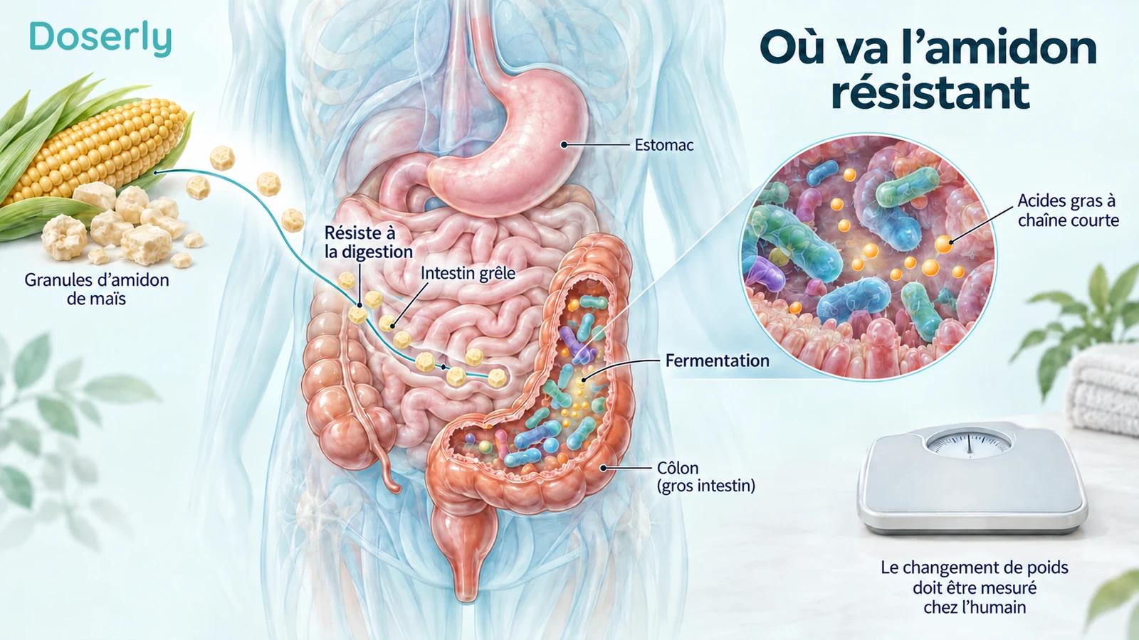 Amidon résistant traversant l’intestin grêle jusqu’à la fermentation dans le côlon, avec une balance distincte représentant les résultats mesurés sur le poids.
