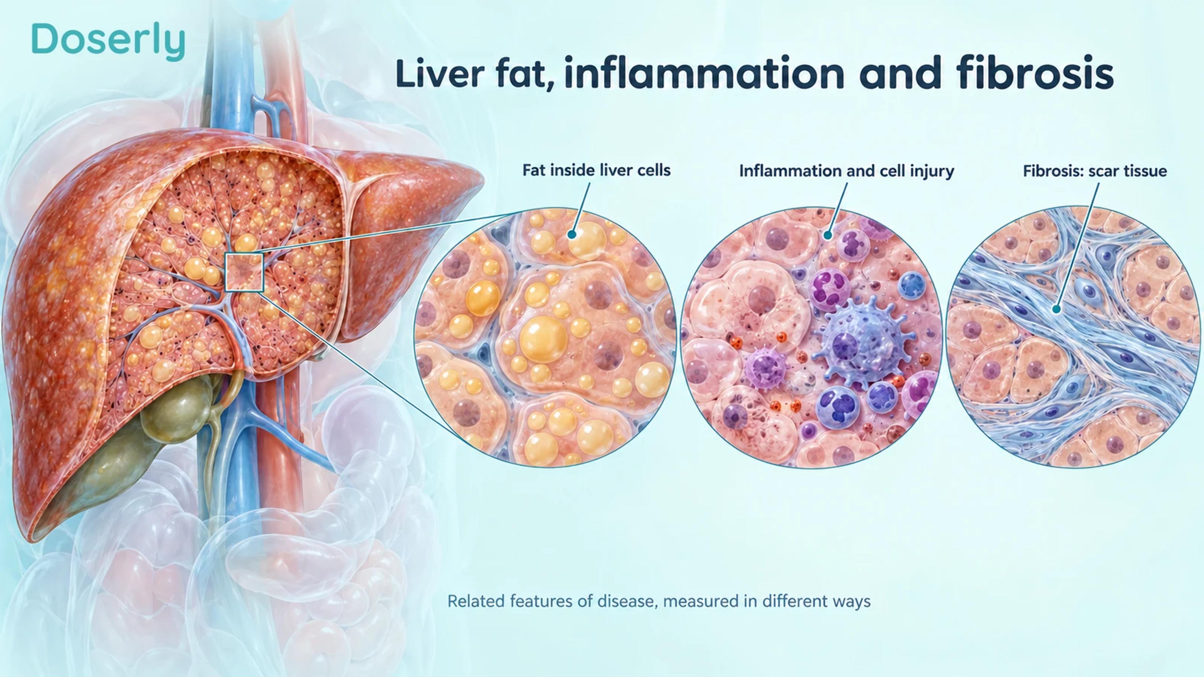 Detailed liver tissue views distinguish fat droplets, inflammatory injury and scar tissue.