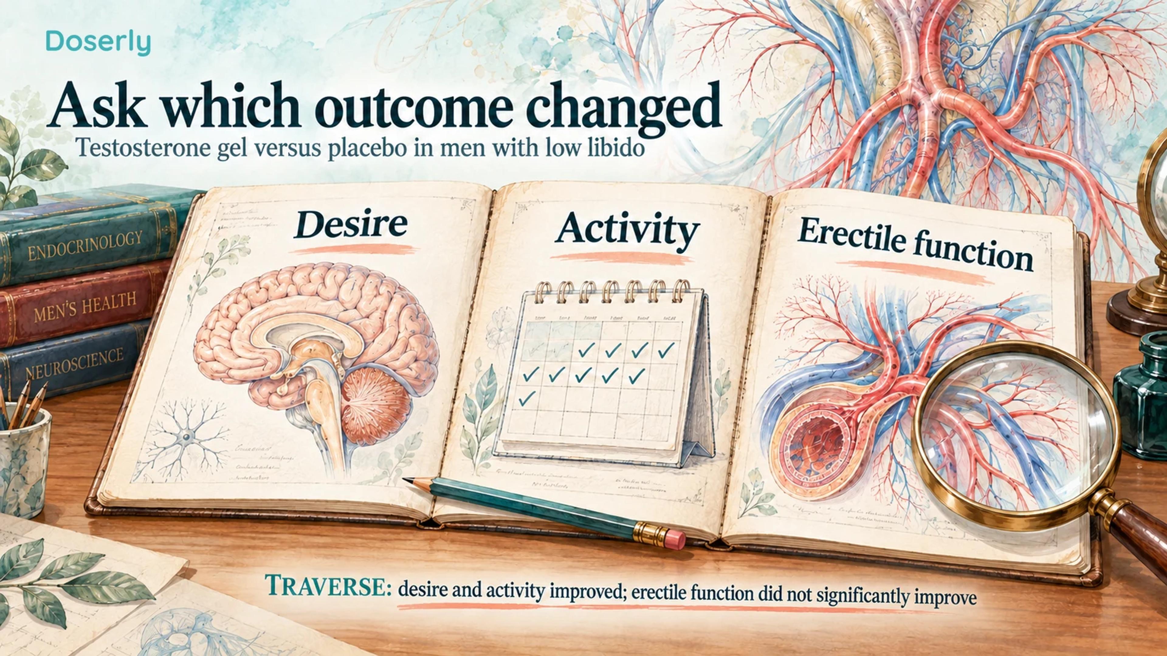 An illustrated medical notebook separates desire, activity, and erectile function, with the TRAVERSE findings stated below.