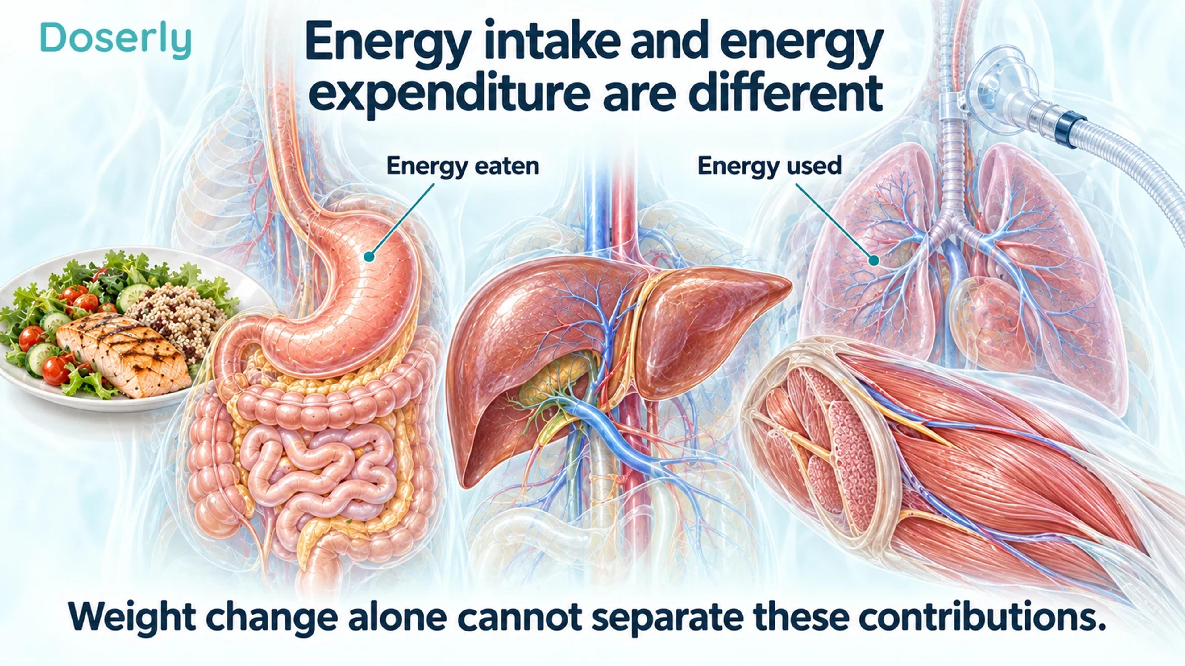 Anatomical stomach, liver, lungs and skeletal muscle beside food and respiratory measurement equipment.