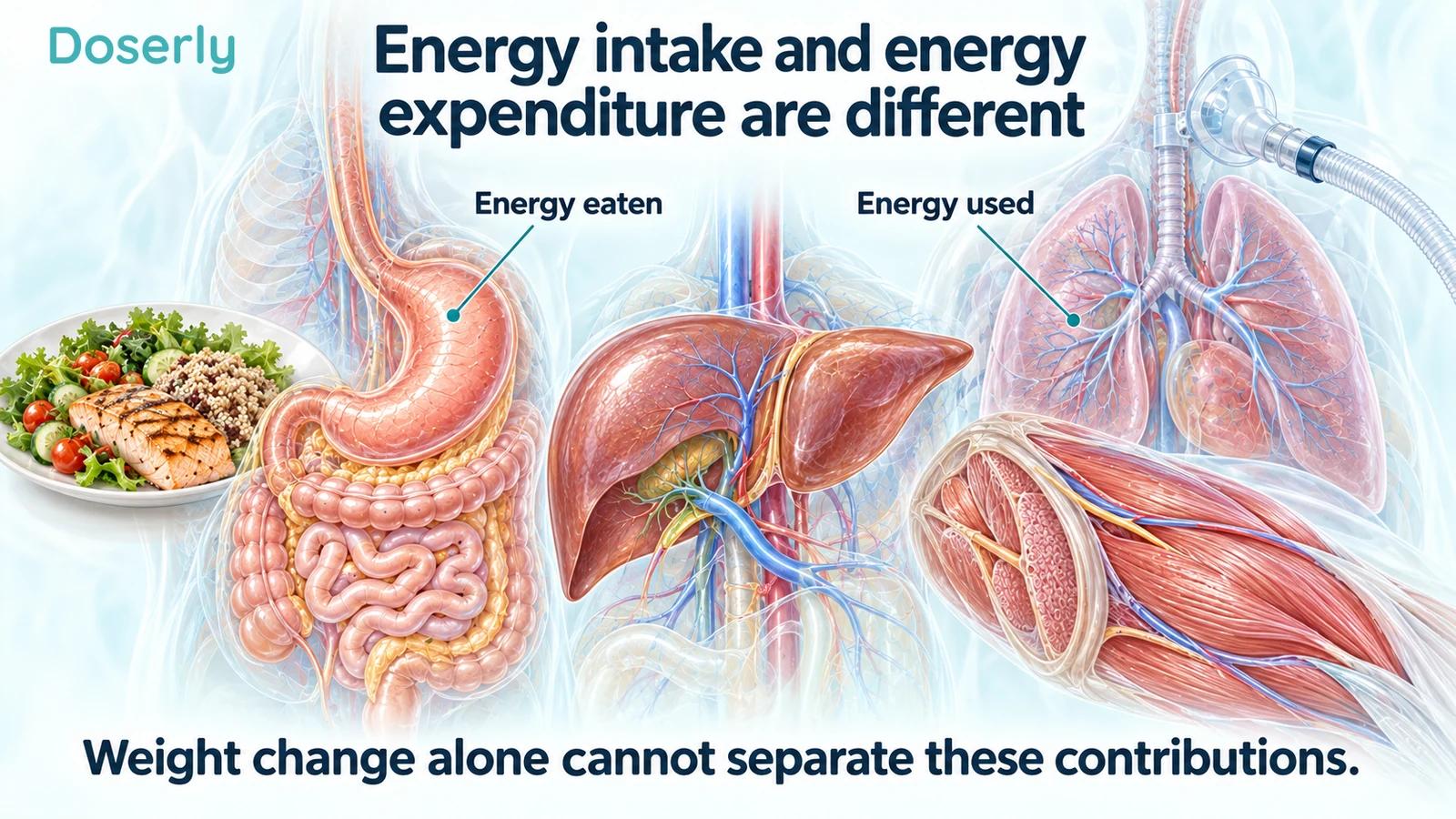 Anatomical stomach, liver, lungs and skeletal muscle beside food and respiratory measurement equipment.