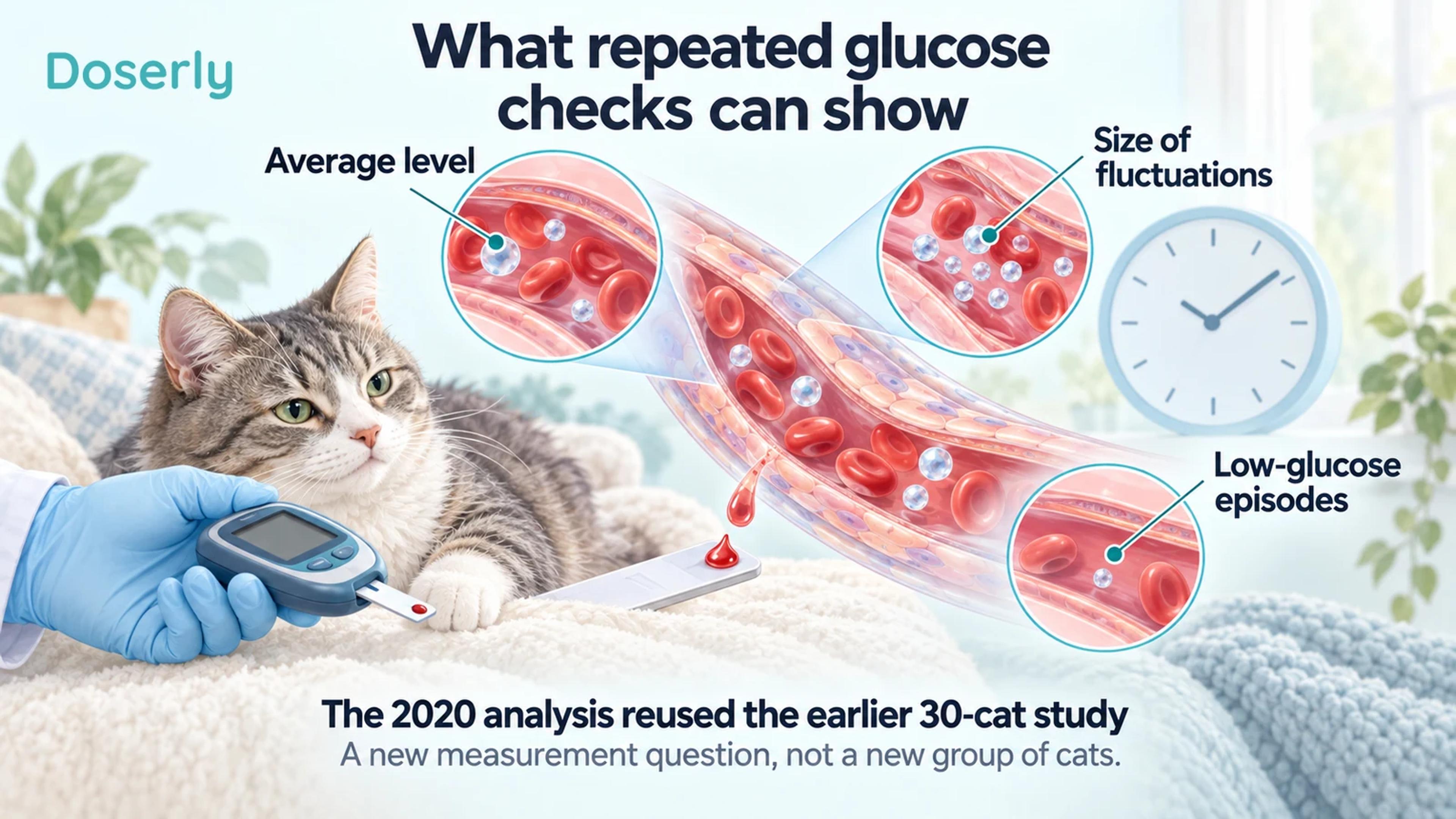 A cat beside a glucose meter, sampling illustration and clock explains average glucose, variability and low-glucose episodes as distinct measurements.