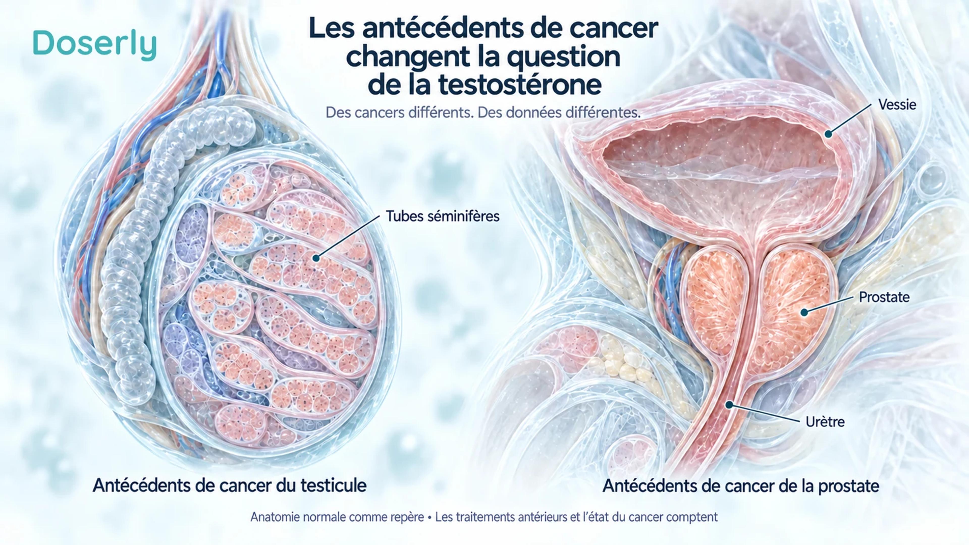 Des illustrations distinctes de l’anatomie normale d’un testicule et de la région de la vessie et de la prostate situent deux antécédents de cancer différents, sans représenter un patient opéré.