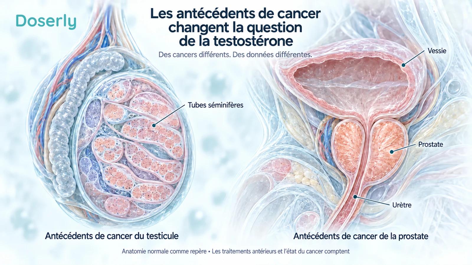 Des illustrations distinctes de l’anatomie normale d’un testicule et de la région de la vessie et de la prostate situent deux antécédents de cancer différents, sans représenter un patient opéré.