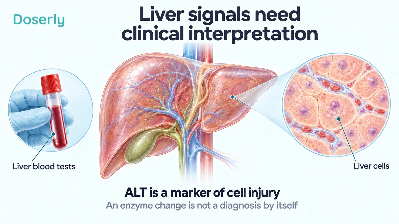 Illustrated liver and magnified liver cells beside a blood specimen vial used to explain liver blood tests