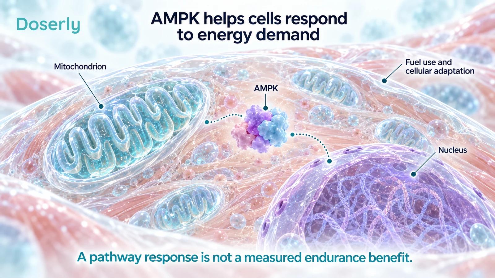 Detailed conceptual muscle-cell illustration showing mitochondria, a nucleus and AMPK-related cellular adaptation.