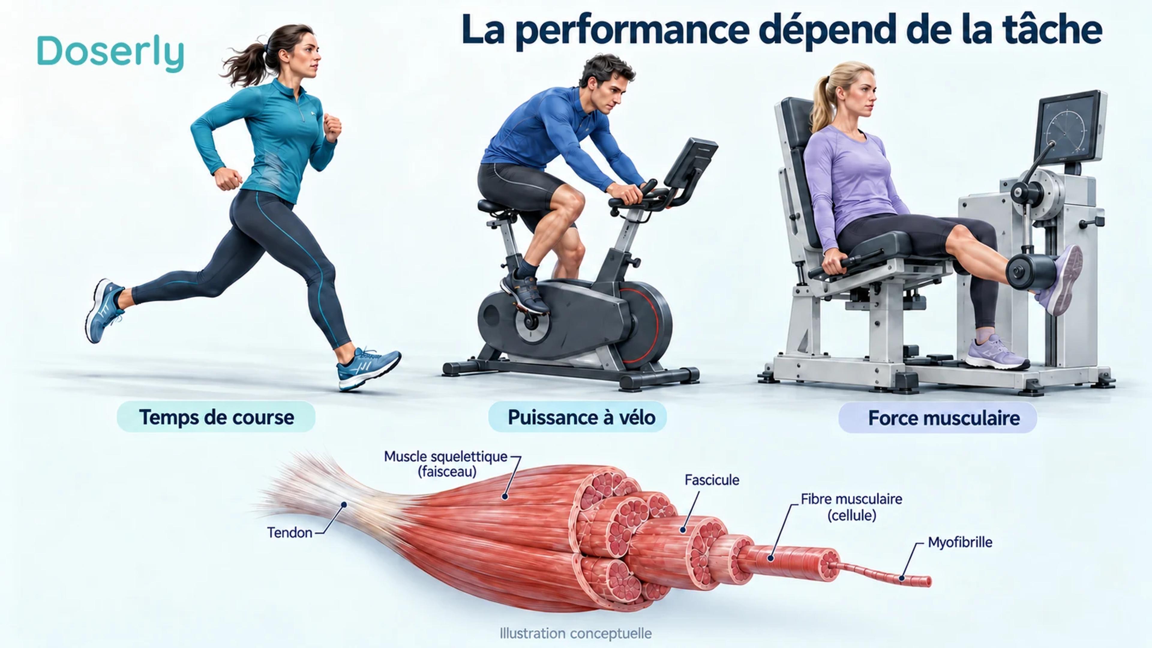 Illustrations conceptuelles d’athlètes à la course, à vélo et lors d’un test de force contrôlé, avec une anatomie détaillée des muscles des jambes.