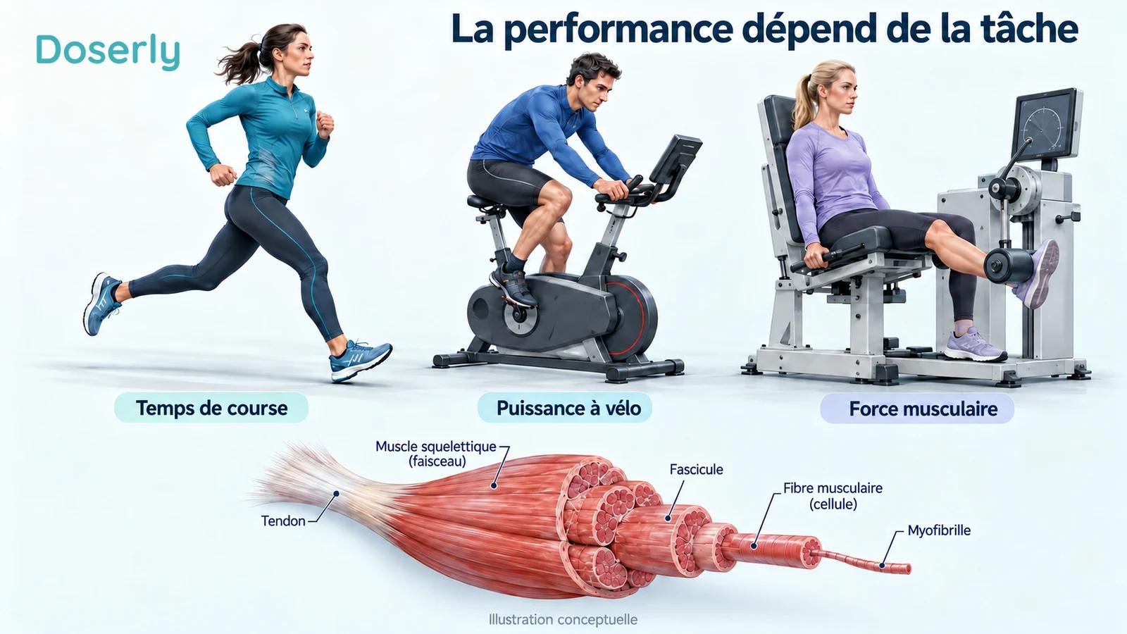 Illustrations conceptuelles d’athlètes à la course, à vélo et lors d’un test de force contrôlé, avec une anatomie détaillée des muscles des jambes.