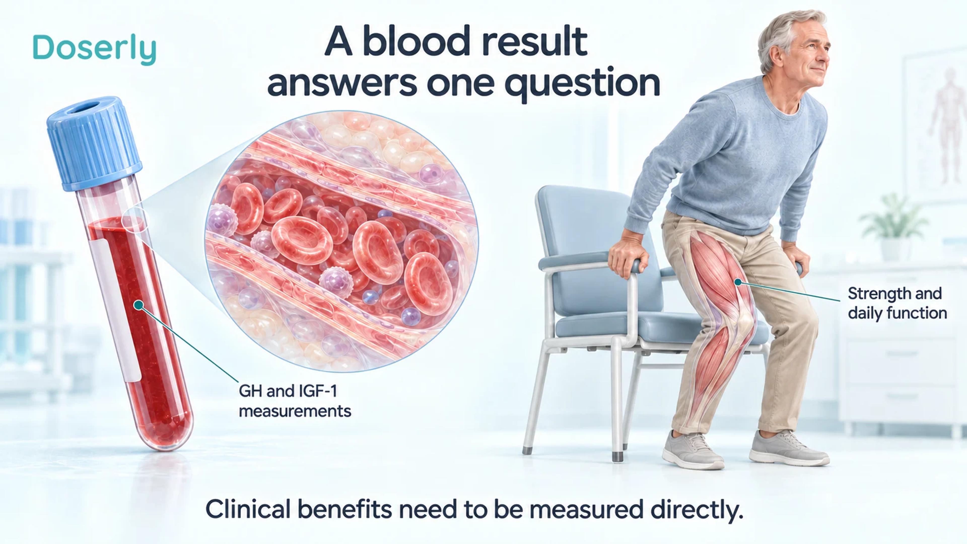 A blood specimen and capillary illustration sit beside a person rising from a chair, separating hormone testing from physical function.
