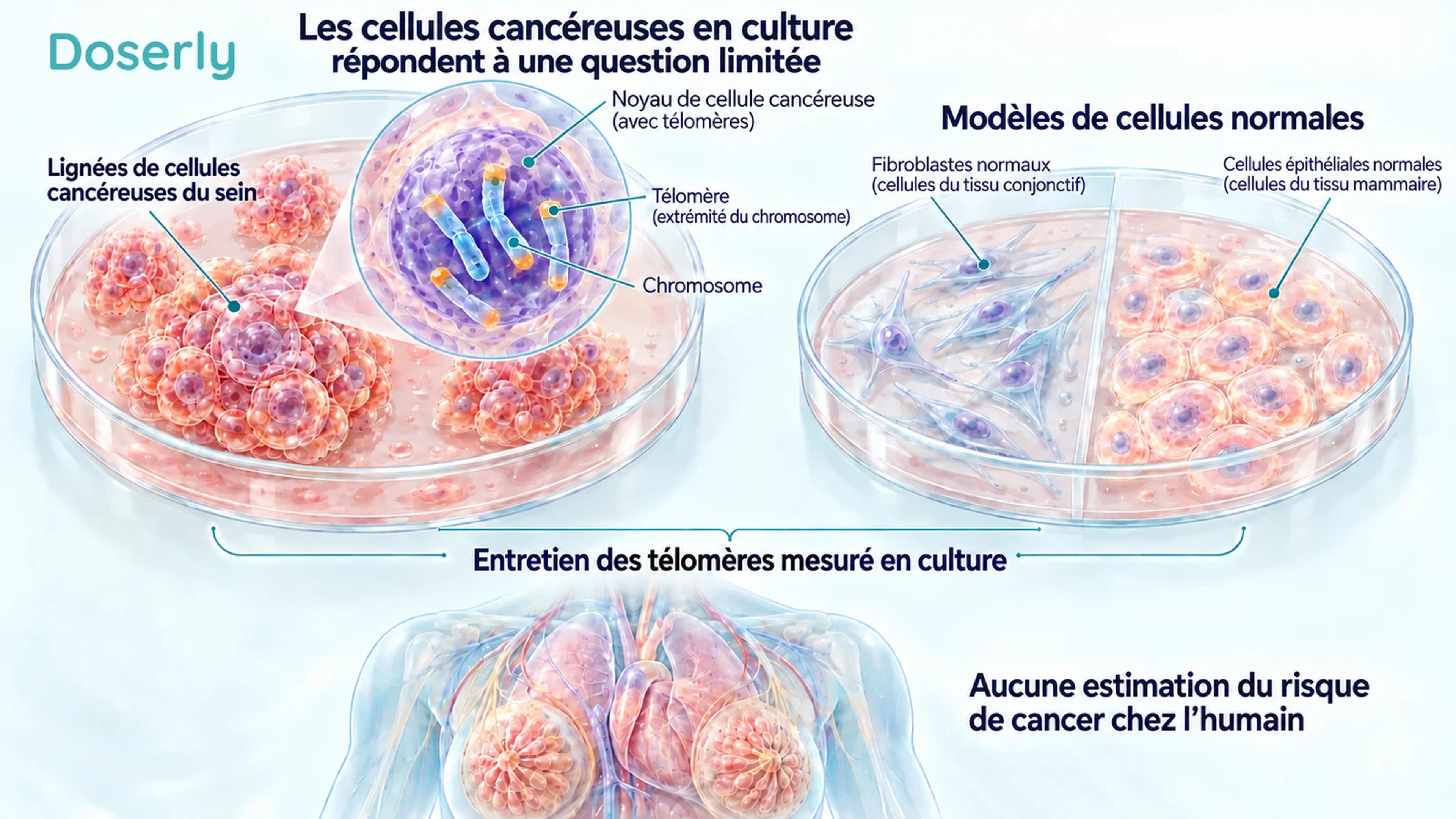 Modèles distincts de cultures de cellules cancéreuses et normales, avec les extrémités des chromosomes agrandies, au-dessus d’un torse humain conceptuel.
