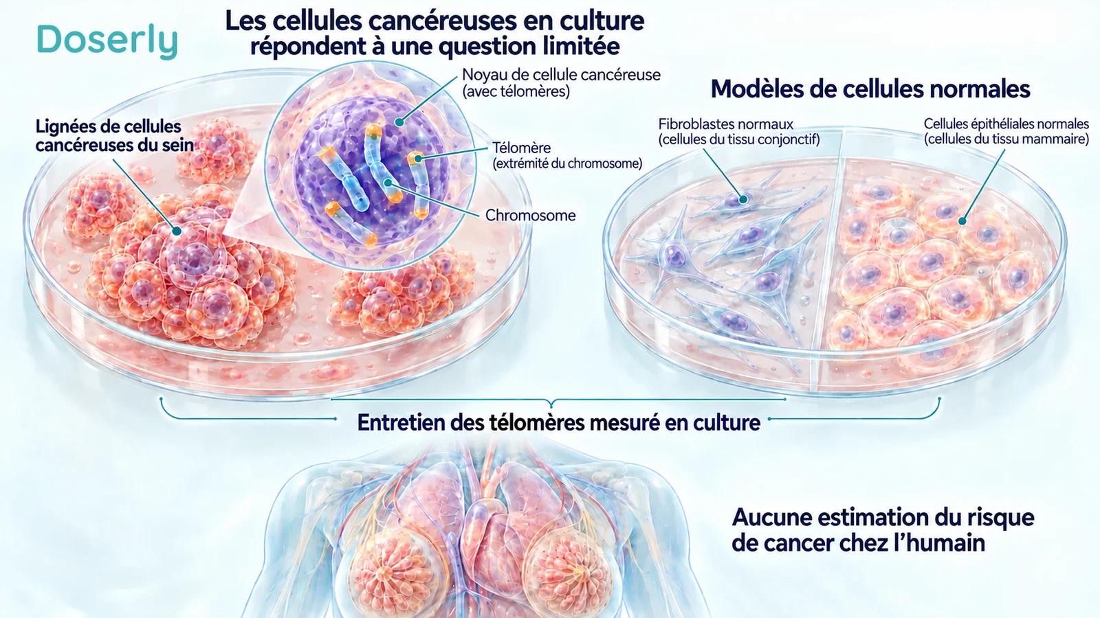 Modèles distincts de cultures de cellules cancéreuses et normales, avec les extrémités des chromosomes agrandies, au-dessus d’un torse humain conceptuel.