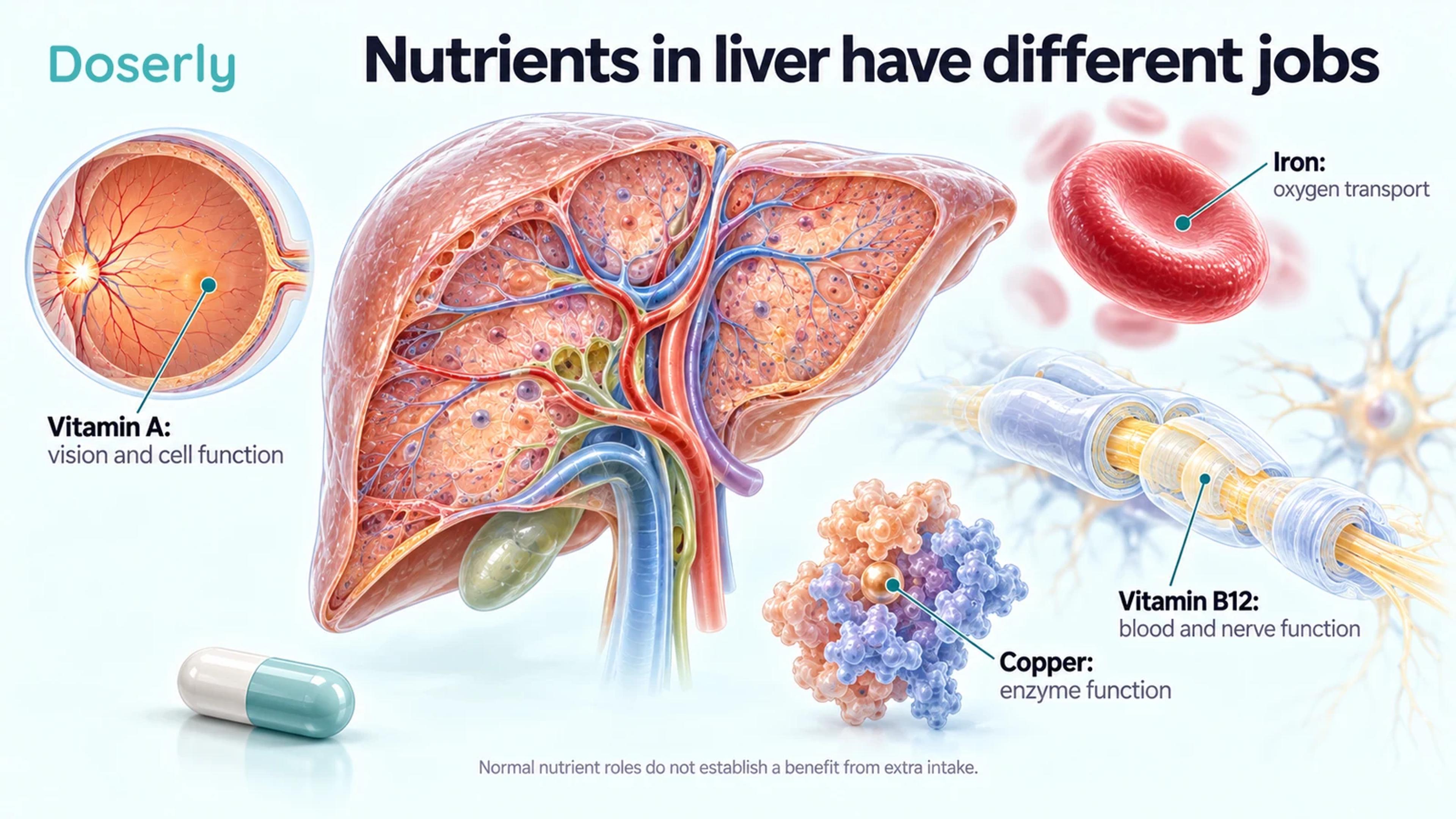 Detailed liver anatomy with a retina, red blood cell, nerve segment and conceptual enzyme illustrating distinct nutrient functions.