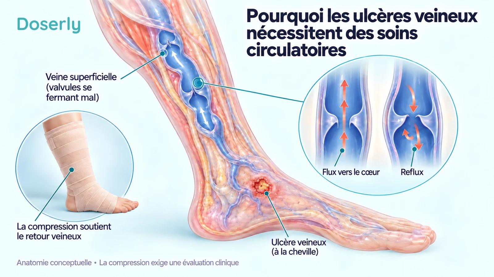 Anatomie veineuse du bas de la jambe et illustration conceptuelle de la compression soutenant le retour sanguin.