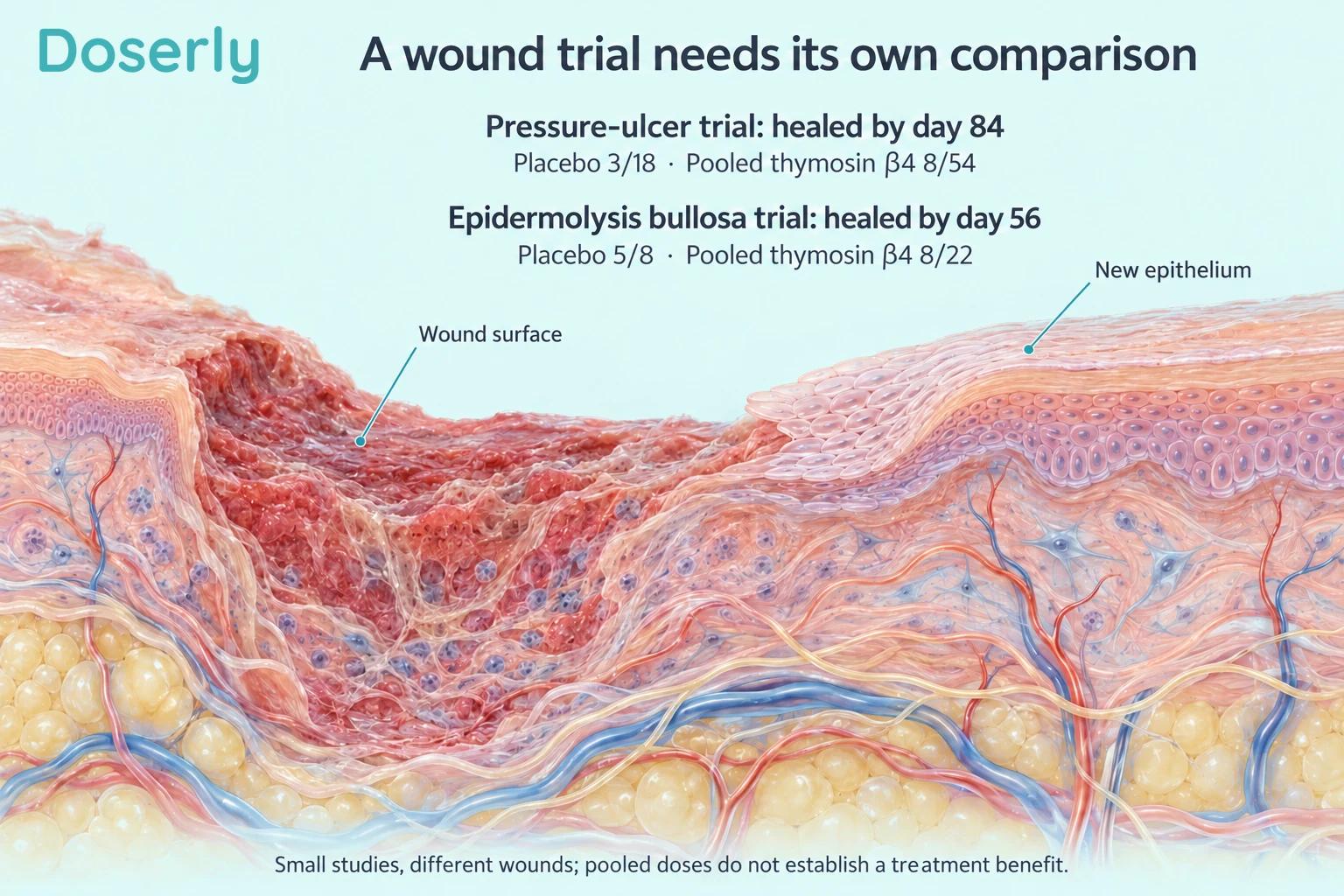 Skin cross-sections accompany the posted healing counts from separate pressure-ulcer and epidermolysis bullosa trials.