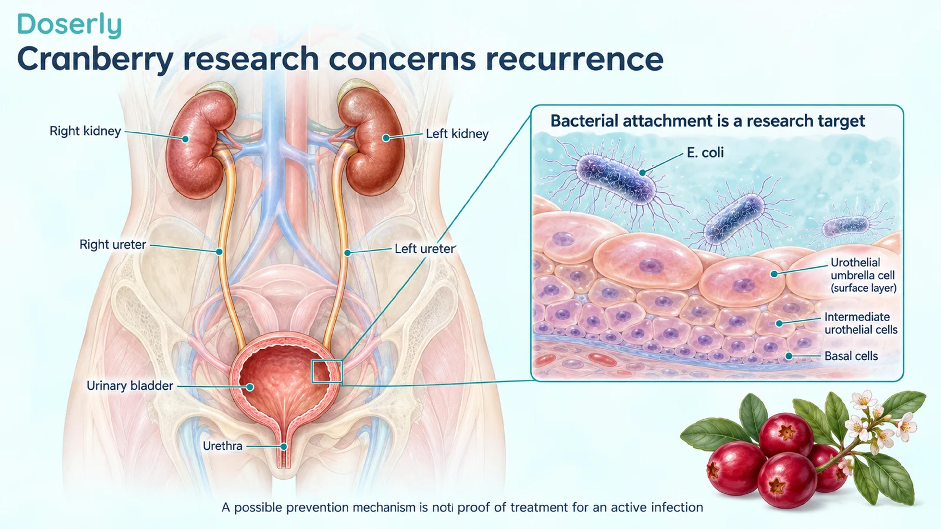 Female urinary anatomy with a magnified bladder lining and bacteria near its surface.