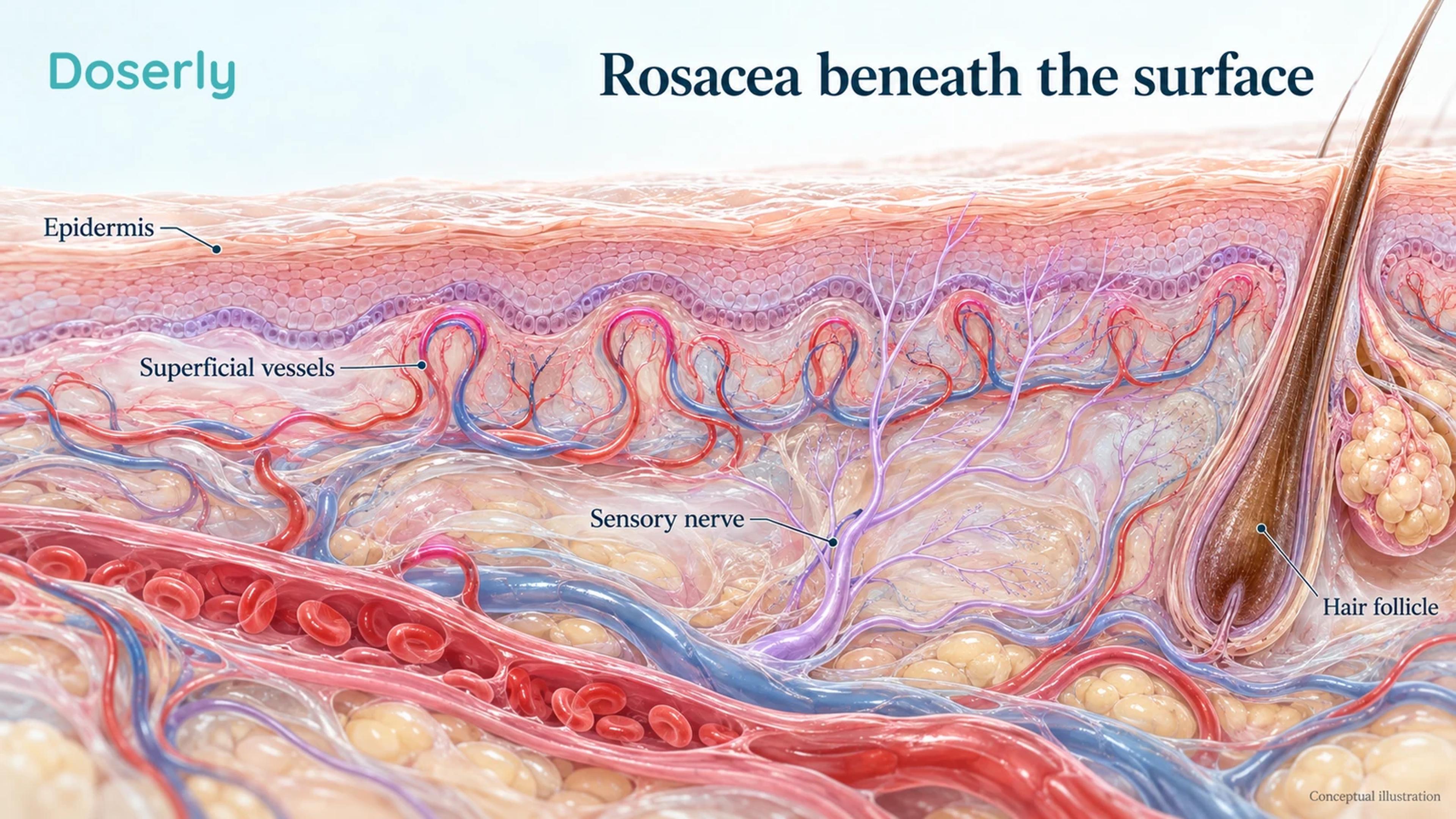 Conceptual skin cross section with superficial dermal vessels, sensory nerve branches and a follicle beneath the epidermis.