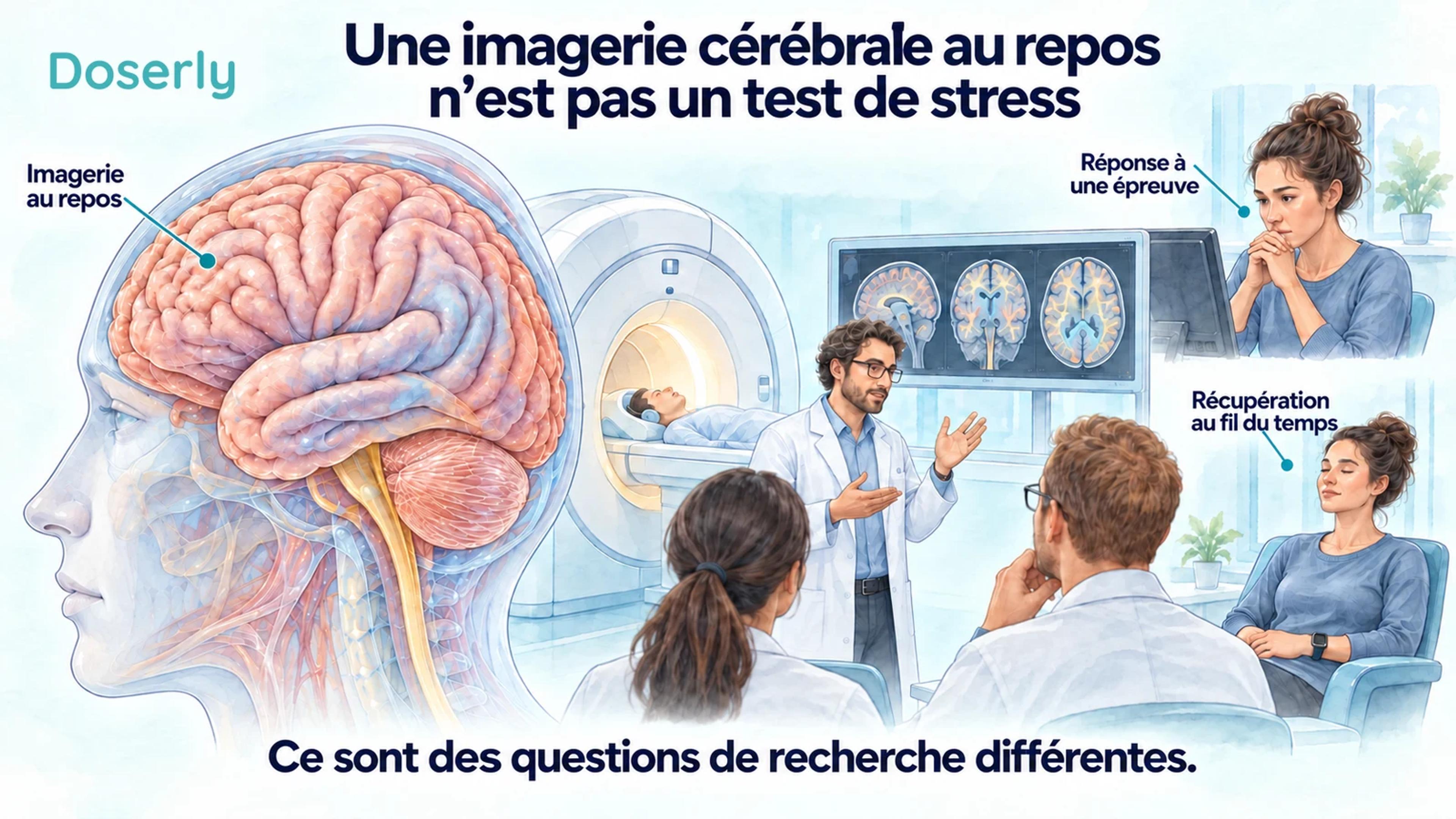 Une imagerie cérébrale au repos, à côté de scènes distinctes d’épreuve et de récupération, illustre différentes questions de recherche.