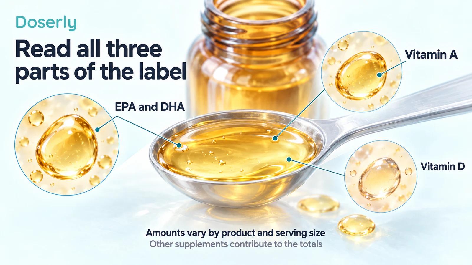 Measured spoon of cod liver oil with three separate callouts for EPA and DHA, vitamin A and vitamin D