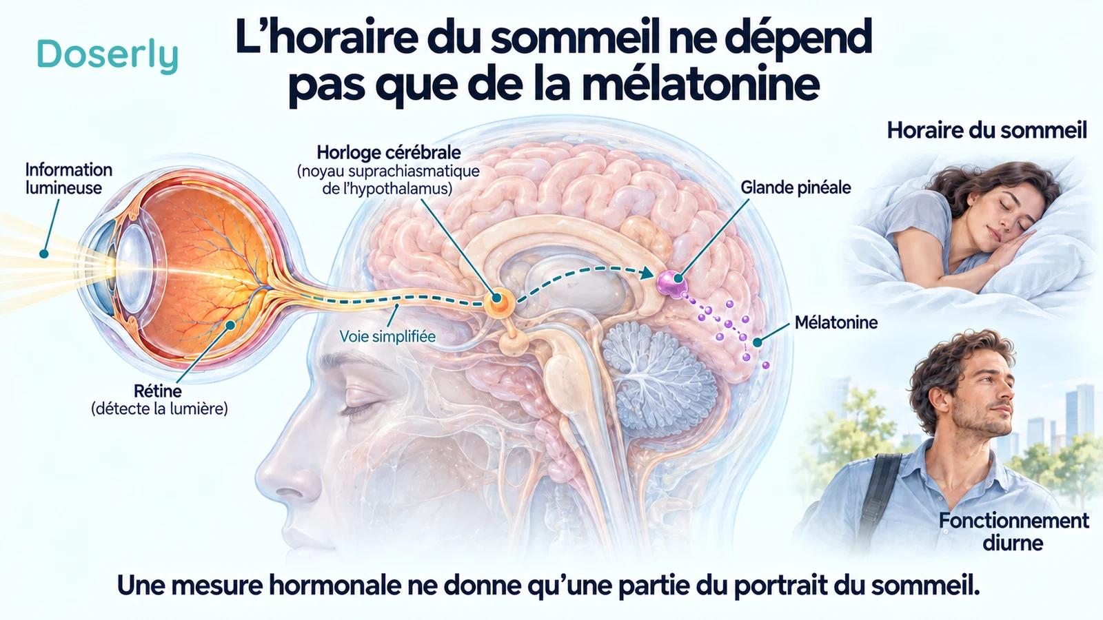 L’information lumineuse, l’horloge cérébrale et la glande pinéale sont représentées dans une voie anatomique simplifiée, à côté de scènes de sommeil et de fonctionnement diurne.