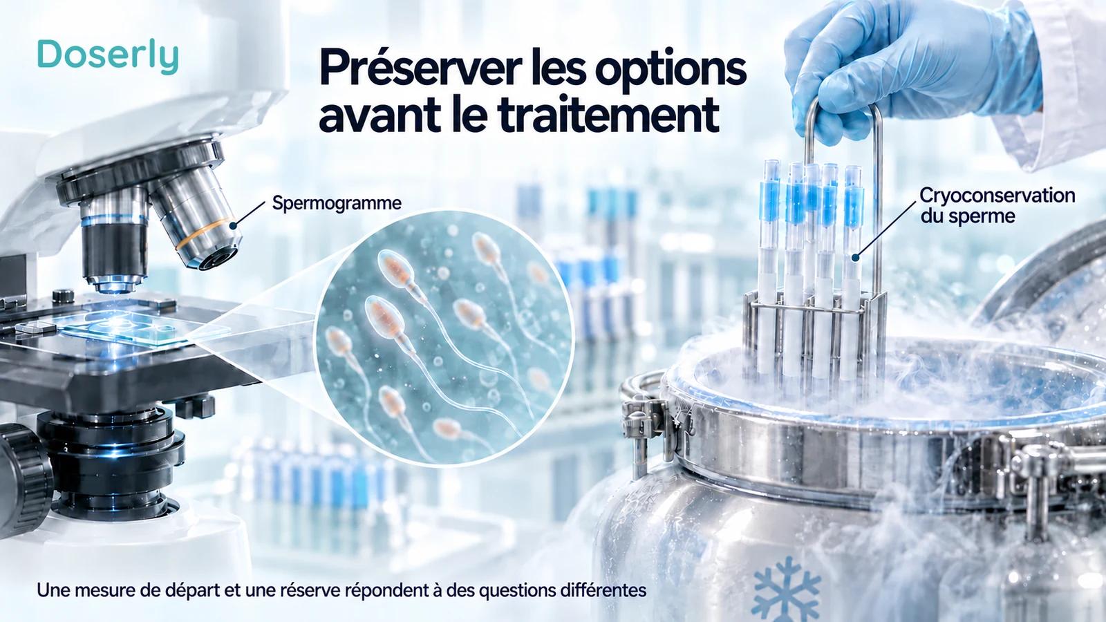 Un microscope de laboratoire avec des spermatozoïdes agrandis, à côté d’une main gantée qui descend des contenants de conservation du sperme dans un réservoir cryogénique.