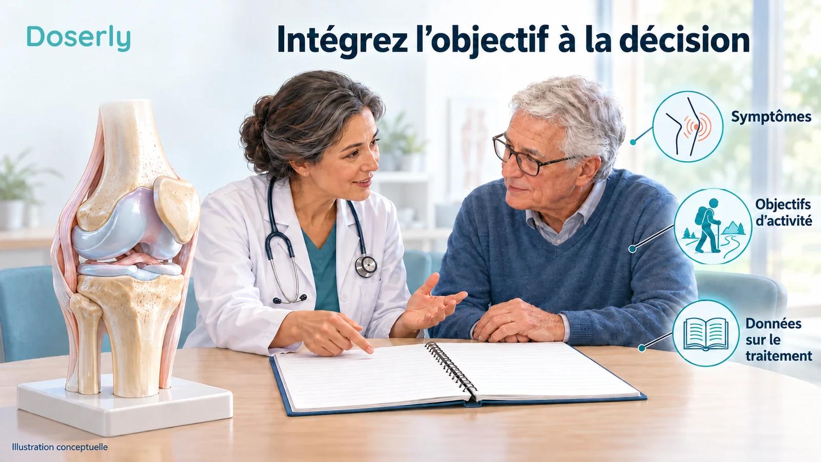 Illustration d’un clinicien et d’un adulte âgé vêtu qui examinent un journal d’activité vierge, à côté d’un modèle distinct du genou aux détails anatomiques précis.