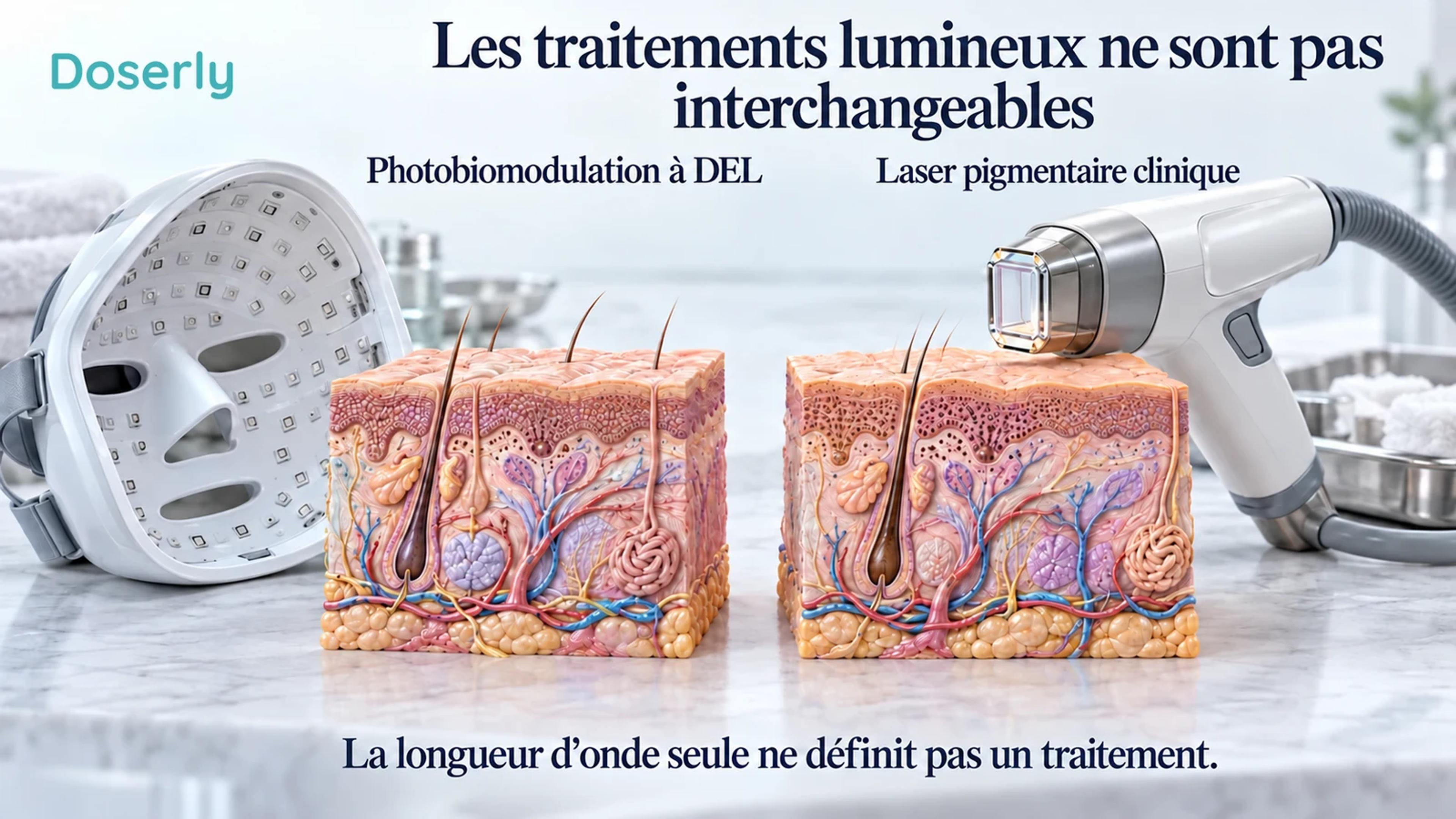 Un masque facial à DEL éteint et une pièce à main de laser clinique sont placés à côté de modèles détaillés de peau.