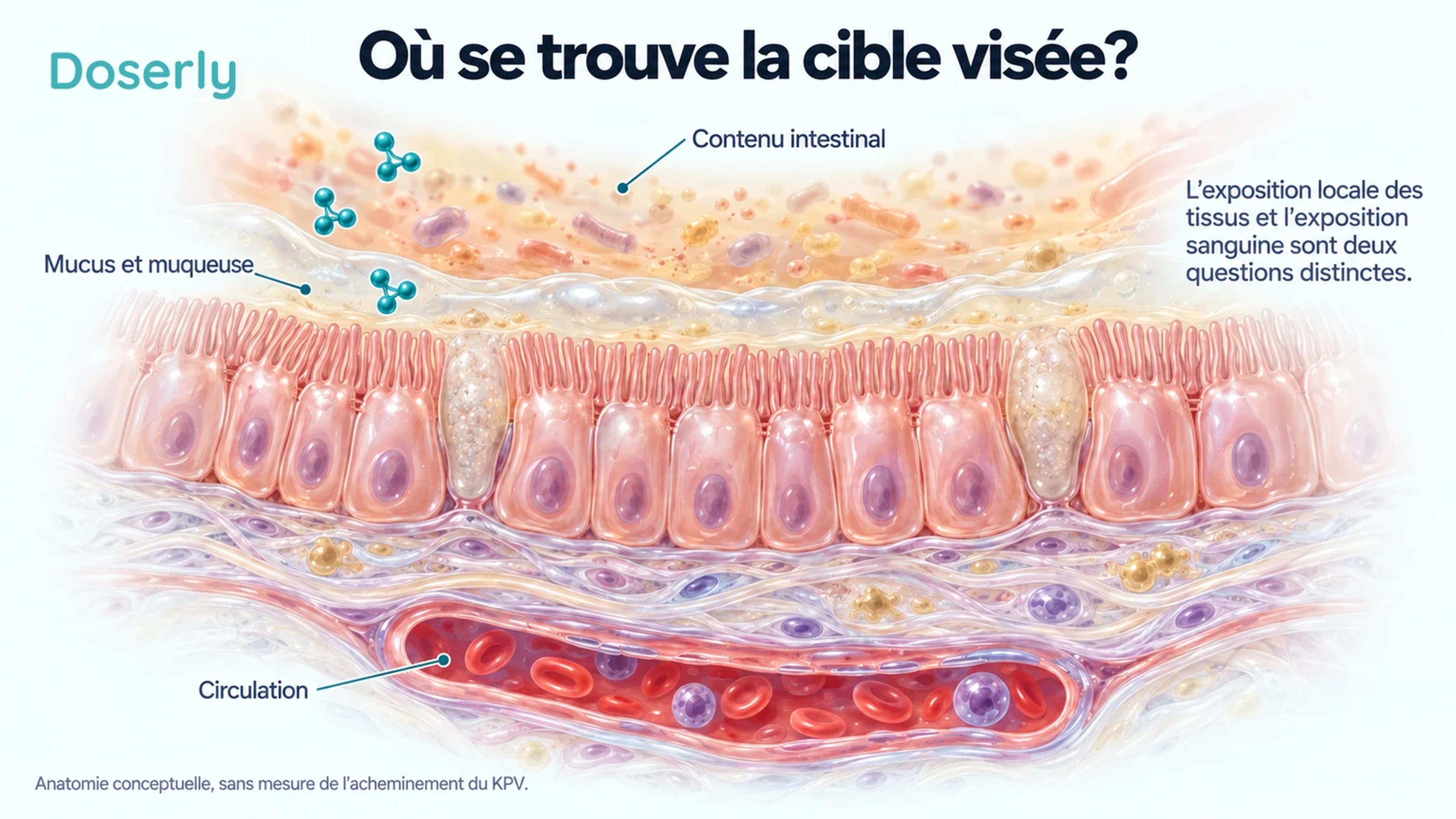 Une vue en coupe de la paroi intestinale distingue le contenu intestinal, le mucus et la muqueuse, ainsi que la circulation sous les tissus.