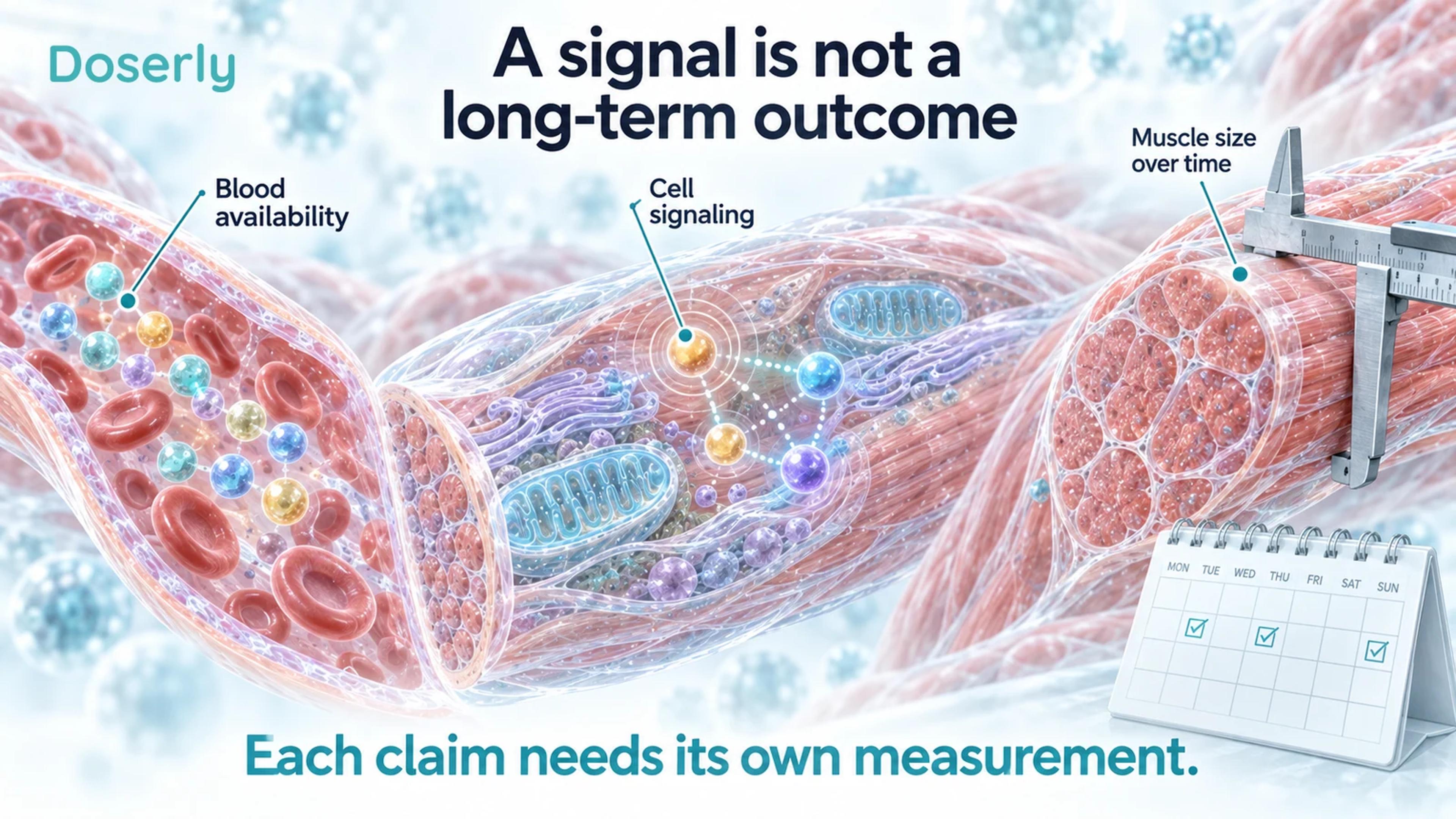 A blood-vessel cutaway, schematic muscle-cell signals and a muscle measurement scene distinguish availability, signaling and longer-term outcomes.