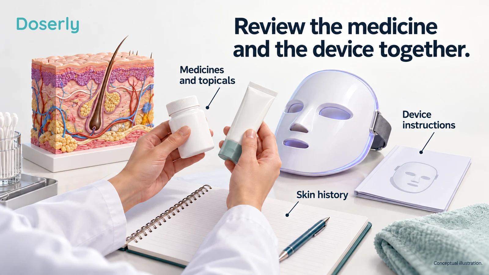 Medicine containers, a cream tube, a device manual and a skin teaching model illustrate reviewing products together.