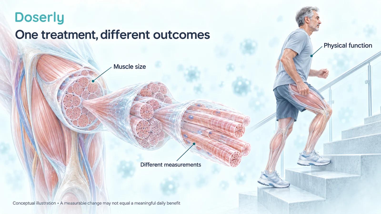 Detailed muscle-fiber cutaway beside an illustrated man climbing stairs distinguishes muscle size measurements from physical function.